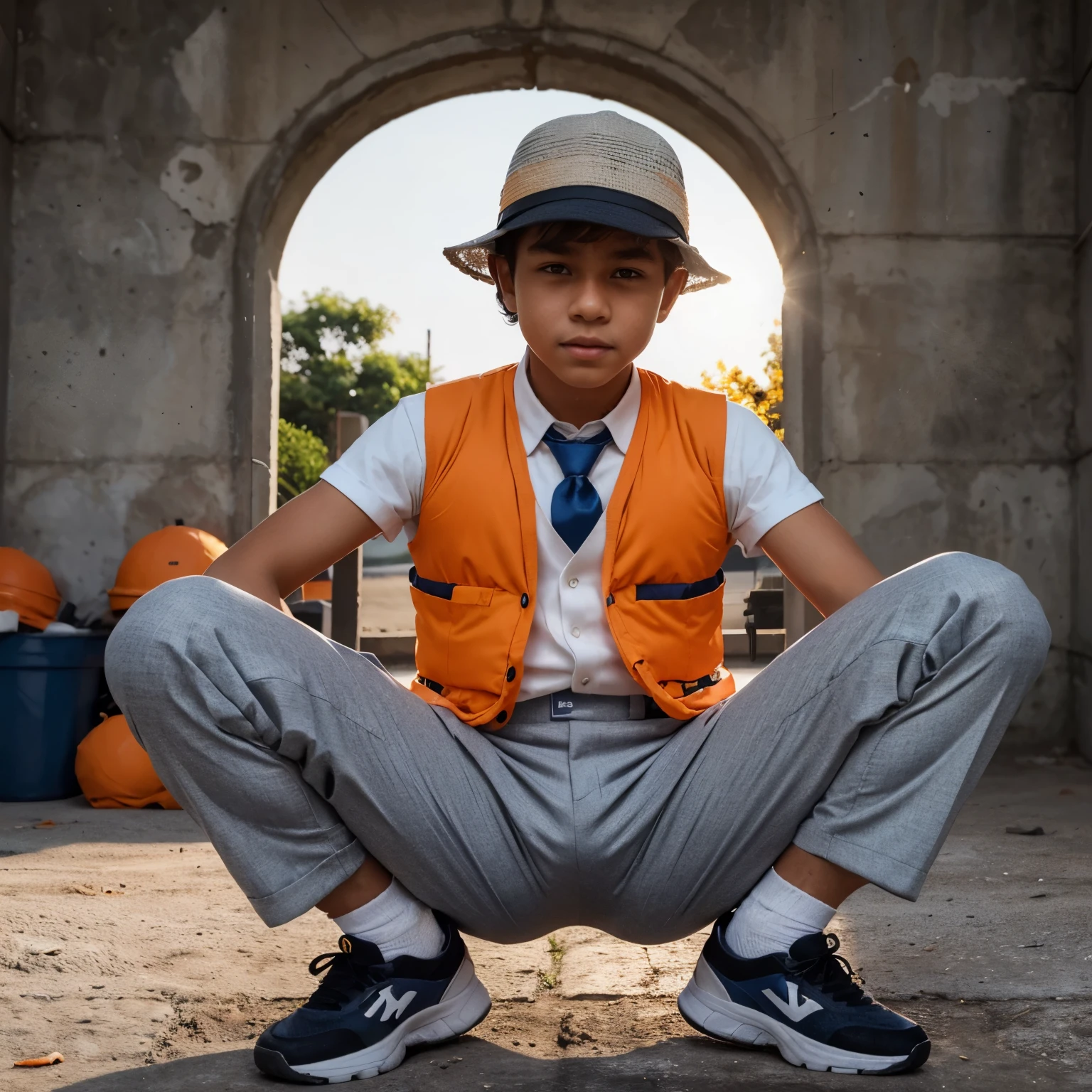 (a boy with orange sun-protective vest and hat, white shirt, blue tie, gray pants, and black shoes),illustration,detailed background,highres,realistic colors,soft lighting