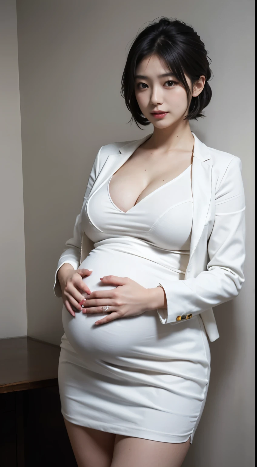 (best quality, masterpiece:1.2), white background, (gigantic breasts:1.2), realistic, big breasts, huge breasts, ((huge pregnant)), gigantic hips, thicc, long legs, thick thighs, fair skin, rosy cheeks, porcelain like skin, (white blouson dress:1.2), (navy business jacket:1.2), (navy formal blazer:1.2), (white midi dress:1.2), brown hair, bob cut, beautiful woman, smile, eyelashes, highly detailed face, japanese goddess, japanese actress, japanese model, mature woman,