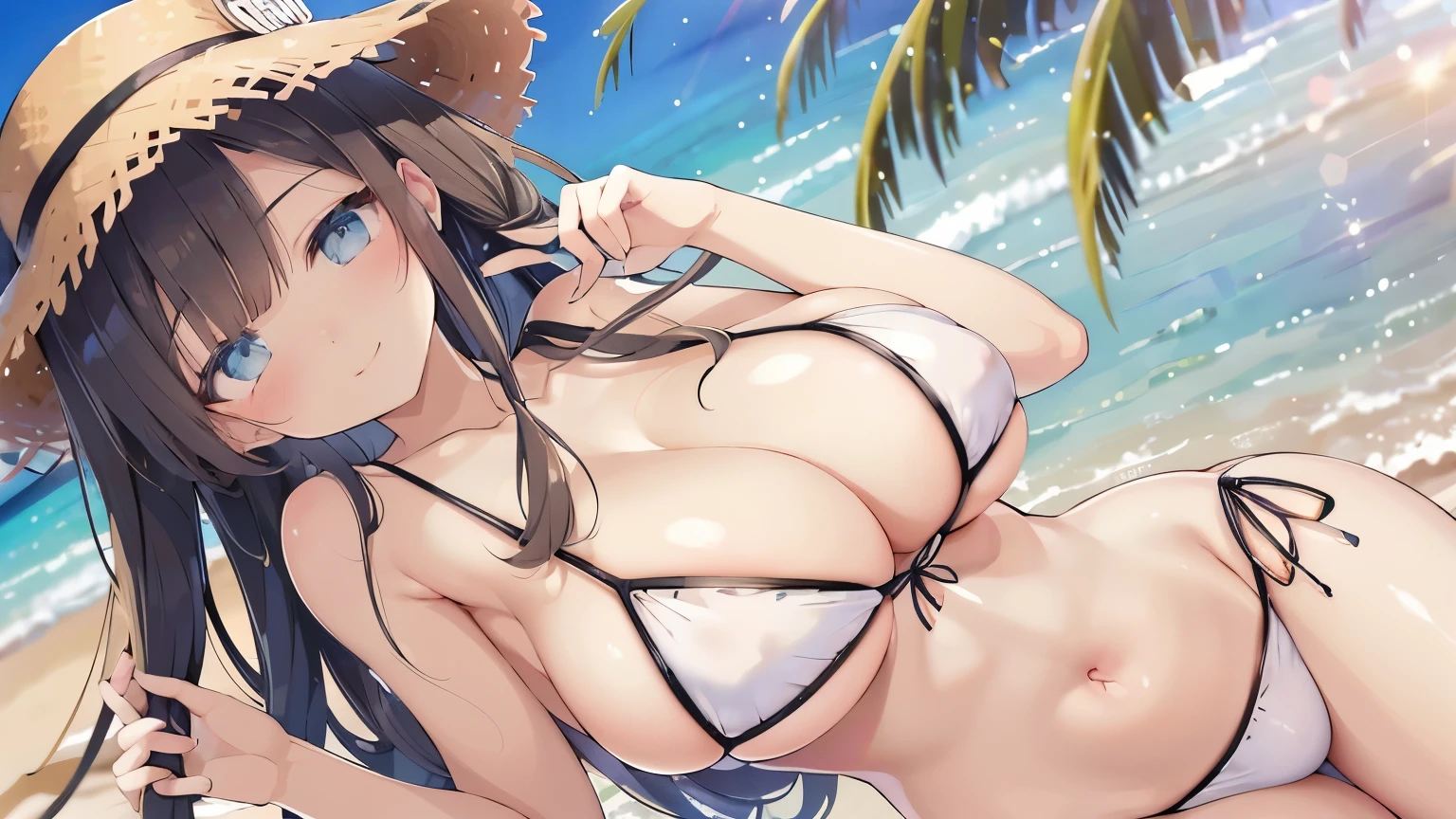 midsummer coast、swimsuit、black-haired beautiful girl、Clear skies、high resolution、detailed face and eyes、sensual、smile、tanned skin