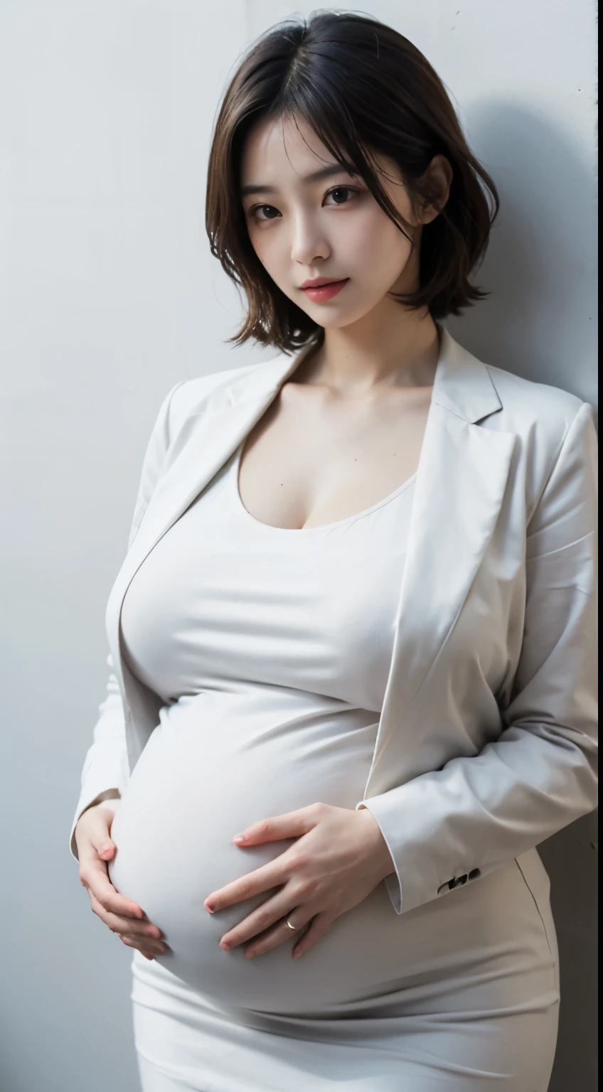 (best quality, masterpiece:1.2), white background, (gigantic breasts:1.2), realistic, big breasts, huge breasts, ((huge pregnant)), gigantic hips, thicc, long legs, thick thighs, fair skin, rosy cheeks, porcelain like skin, (white blouson dress:1.2), (navy business jacket:1.2), (navy formal blazer:1.2), (white midi dress:1.2), brown hair, bob cut, beautiful woman, smile, eyelashes, highly detailed face, japanese goddess, japanese actress, japanese model, mature woman,