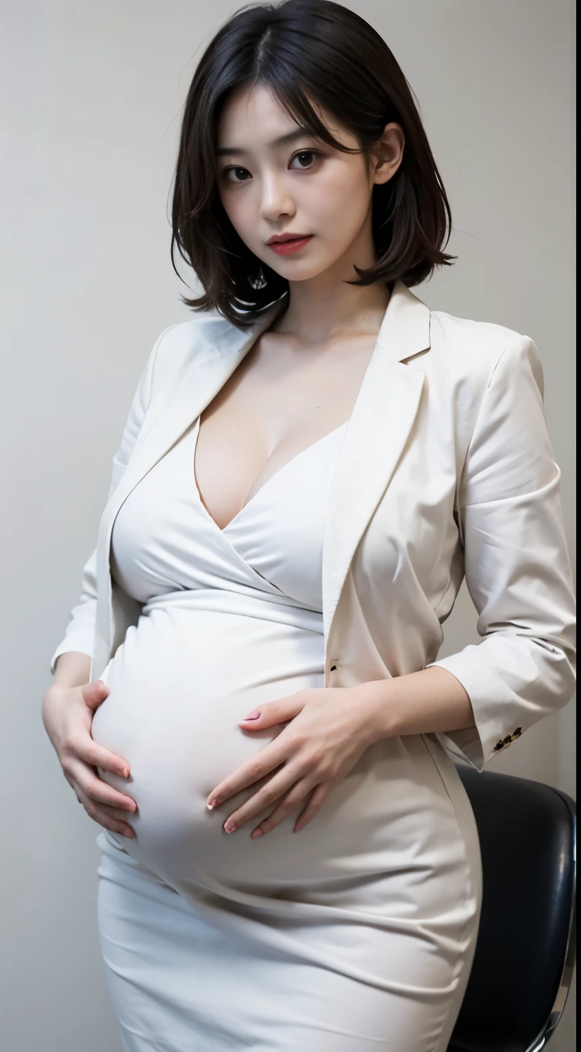 (best quality, masterpiece:1.2), white background, (gigantic breasts:1.2), realistic, big breasts, huge breasts, ((huge pregnant)), gigantic hips, thicc, long legs, thick thighs, fair skin, rosy cheeks, porcelain like skin, (white blouson dress:1.2), (navy business jacket:1.2), (navy formal blazer:1.2), (white midi dress:1.2), brown hair, bob cut, beautiful woman, smile, eyelashes, highly detailed face, japanese goddess, japanese actress, japanese model, mature woman,