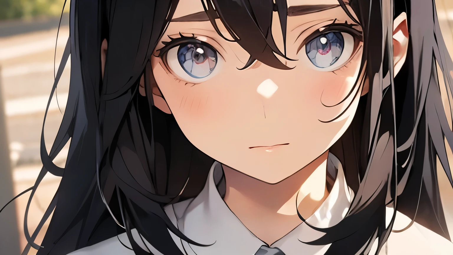 black hair、hair is long、18 year old female、chest is big、high school girl、Sarah uniform、morning、close up of face、crying、saddened、one's home