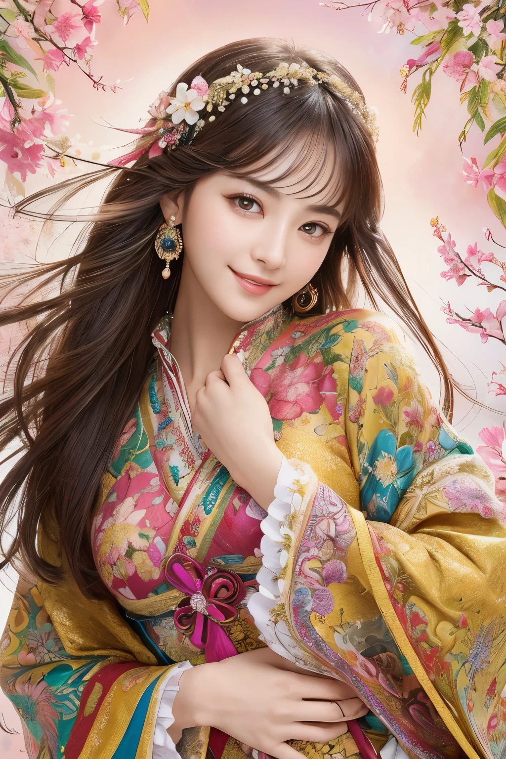 (masterpiece、highest quality、highest quality、official art、beautiful beautiful:1.2)、(1 girl)、very detailed、(fractal art:1.3)、colorful、most detailed,(Pose with movement:1.4)、Details Beautiful and delicate features、Beautiful details and delicate eyes、very fine resolution, (symmetrical eyes:1.3),((japanese hair)),((natural smile)),Floral,feather