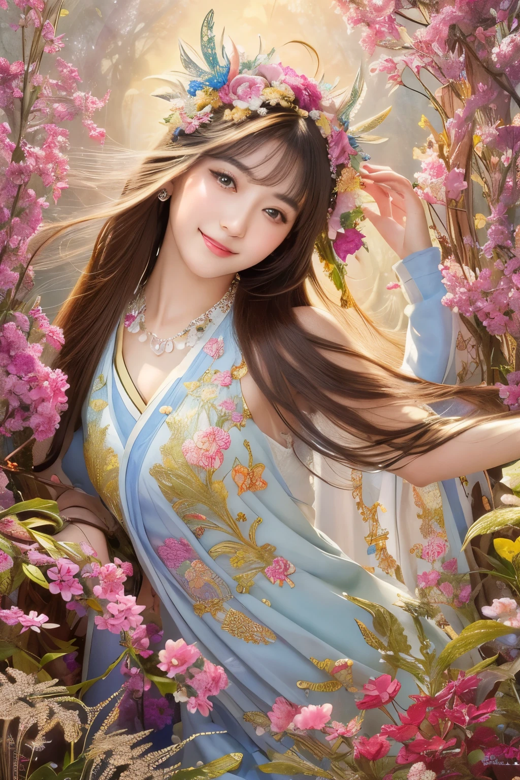 (masterpiece、highest quality、highest quality、official art、beautiful beautiful:1.2)、(1 girl)、very detailed、(fractal art:1.3)、colorful、most detailed,(Pose with movement:1.4)、Details Beautiful and delicate features、Beautiful details and delicate eyes、very fine resolution, (symmetrical eyes:1.3),((japanese hair)),((natural smile)),Floral,feather