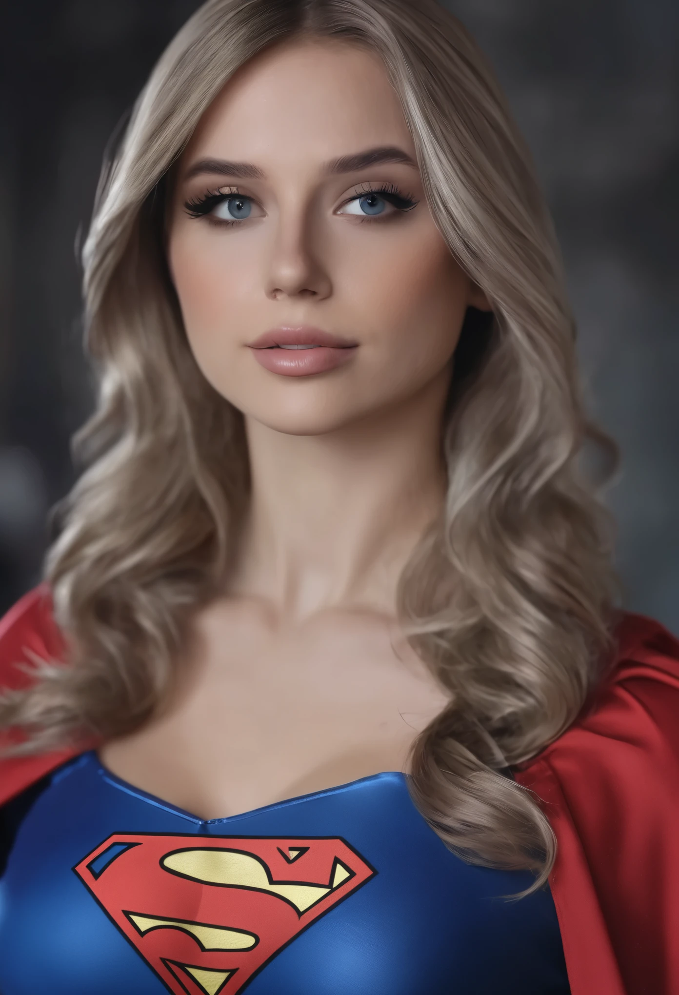 A beautiful sexy woman wearing a Supergirl cosplay outfit, detailed realistic 4k highres masterpiece:1.2, UHD