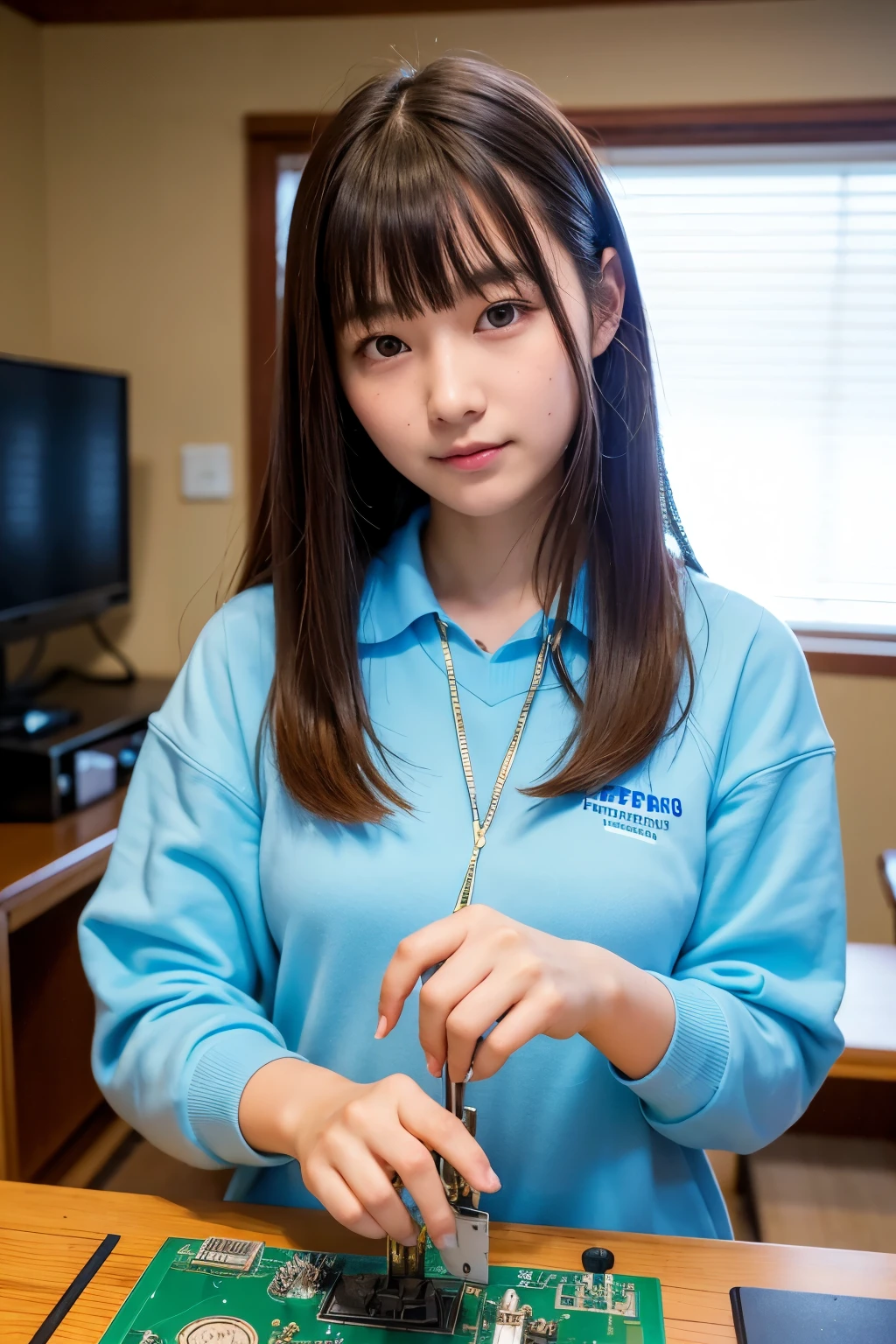 A short, slightly chubby girl named Sakaguchi, smirking while about to press a nuclear bomb button. Ensure her name "Sakaguchi" is visible on her clothing or in the background.