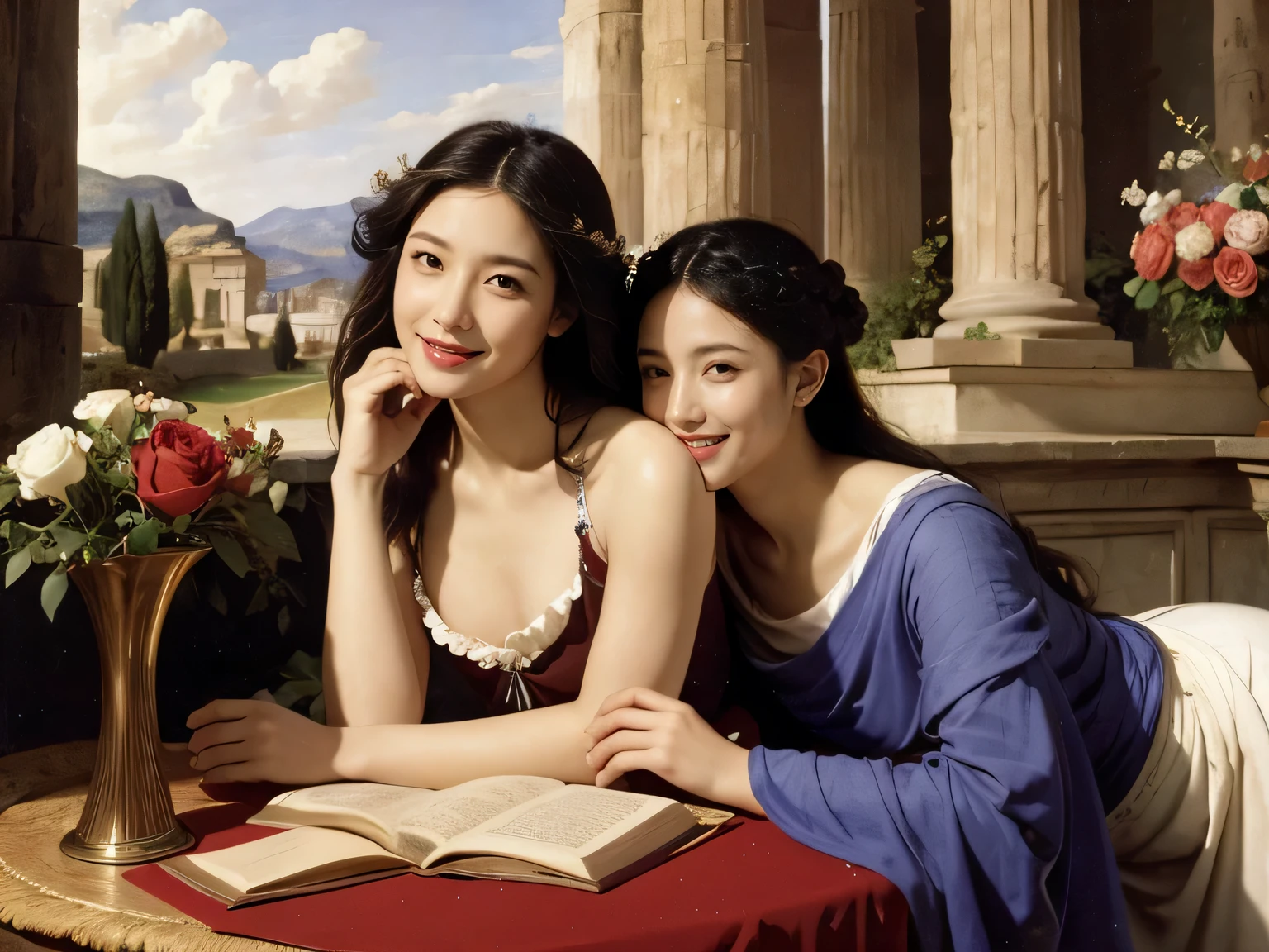 Giorgione painting style,Arguments of two female Philosophe,math、astronomical machine、astronaut、roses in vase、fruits、Cute trinkets、smile、ancient greek costume、Ancient Roman landscape in the style of Nicolas Poussin,laughter,,Sweet and seductive appearance.、Caravaggio's paintings、Chiaroscuro of Caravaggio、hair tousled by the wind,Two women frolicking,cute smile, expression of ecstasy,Sexy,erotic