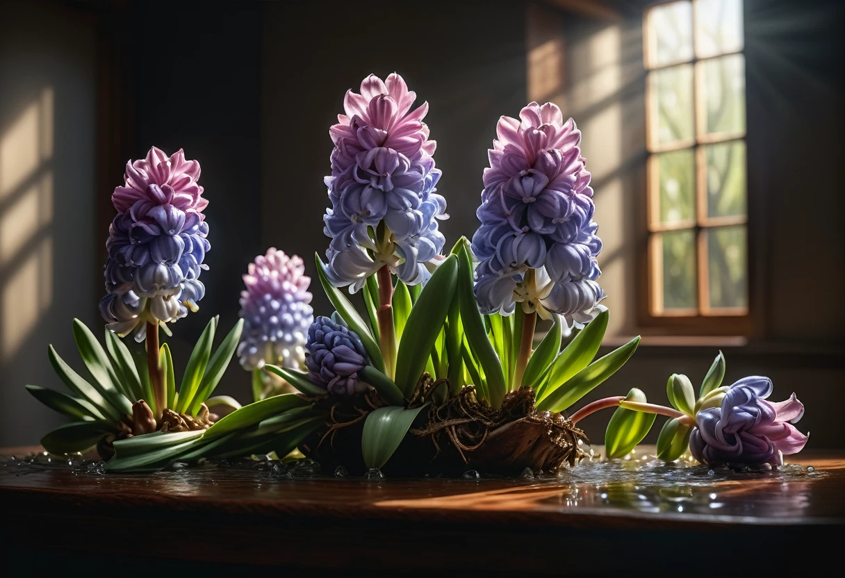 Reflective art. Springtime sun casting blinding light, A hyacinths under a spring reflective drip like March tears. hyperrealistic style, hyperdetailed to an extreme, 32k resolution, thoughtfully composed scene, intricate details in an insanely detailed octane render, trending visuals akin to those on ArtStation, 8k level of clarity for artistic photography, photorealistic concept artwork, engulfed in soft, volumetric, cinematic light, chiaroscuro technique reminiscent of Raphael, Caravaggio's mastery. Highest image quality, High resolution, photorealistic, Raw photo