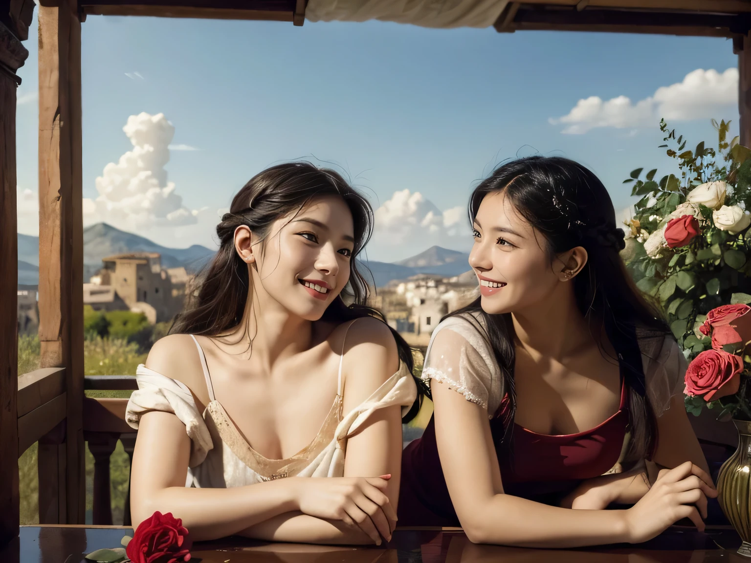 Giorgione painting style,Arguments of two female Philosophe,math、astronomical machine、astronaut、roses in vase、fruits、Cute trinkets、smile、ancient greek costume、Ancient Roman landscape in the style of Nicolas Poussin,laughter,,Sweet and seductive appearance.、Caravaggio's paintings、Chiaroscuro of Caravaggio、hair tousled by the wind,Two women frolicking,cute smile, expression of ecstasy,Sexy,erotic
