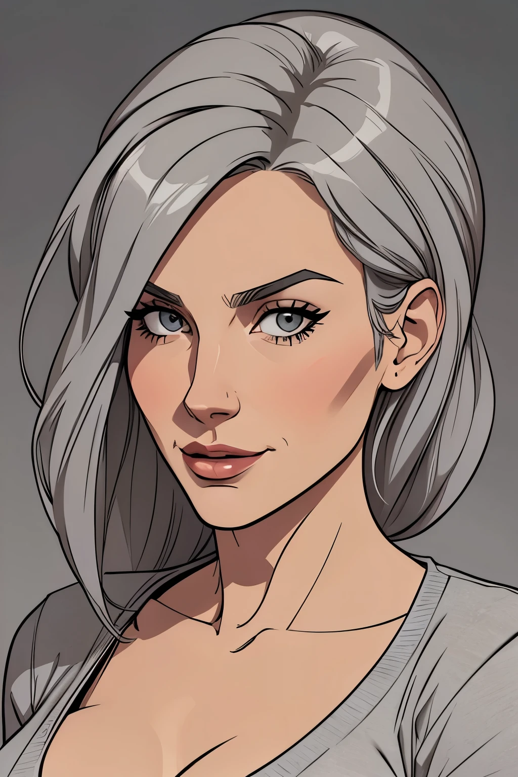 Flat colors, close up, portrait of a women, natural beaty, beautiful, casual, large fake breasts, clevage,
simply grey background