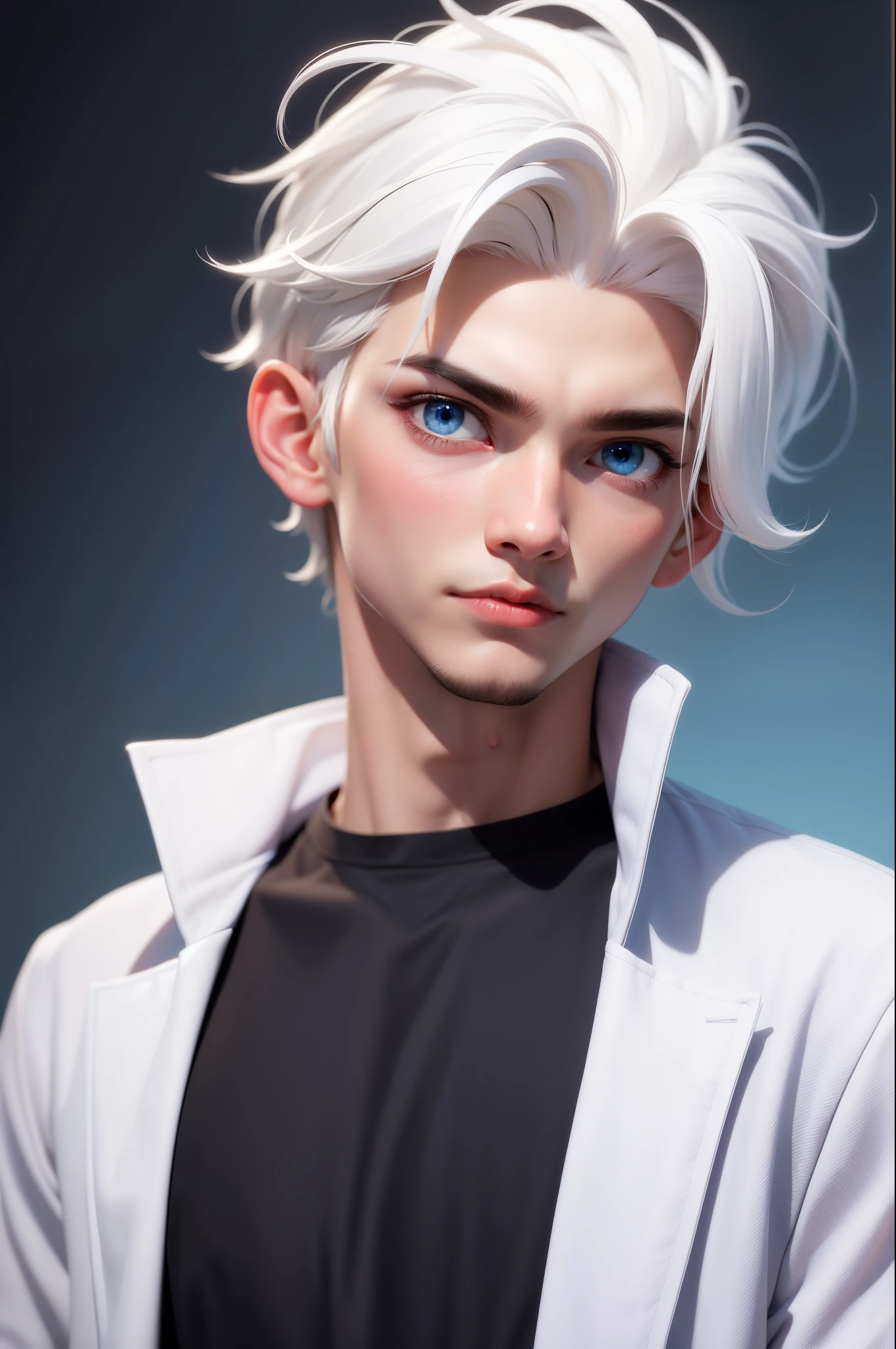 Boy, white hair, blue eyes, serious sharp features, white skin, black T-shirt, jacket