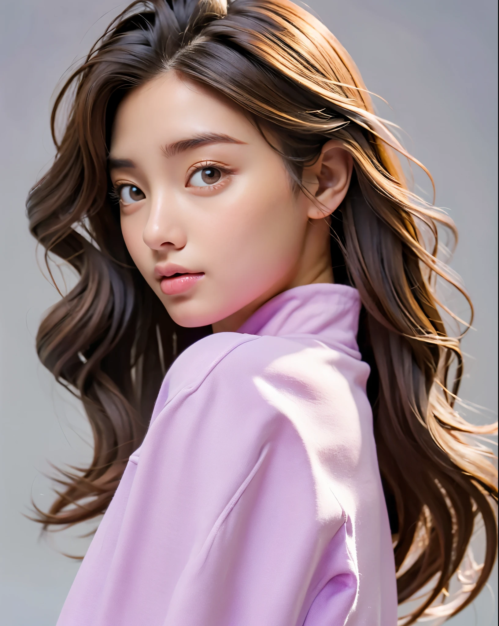 Girl, long brown hair, gray eyes, sharp features, white skin, pink lips, soft and thin, purple t-shirt, jacket