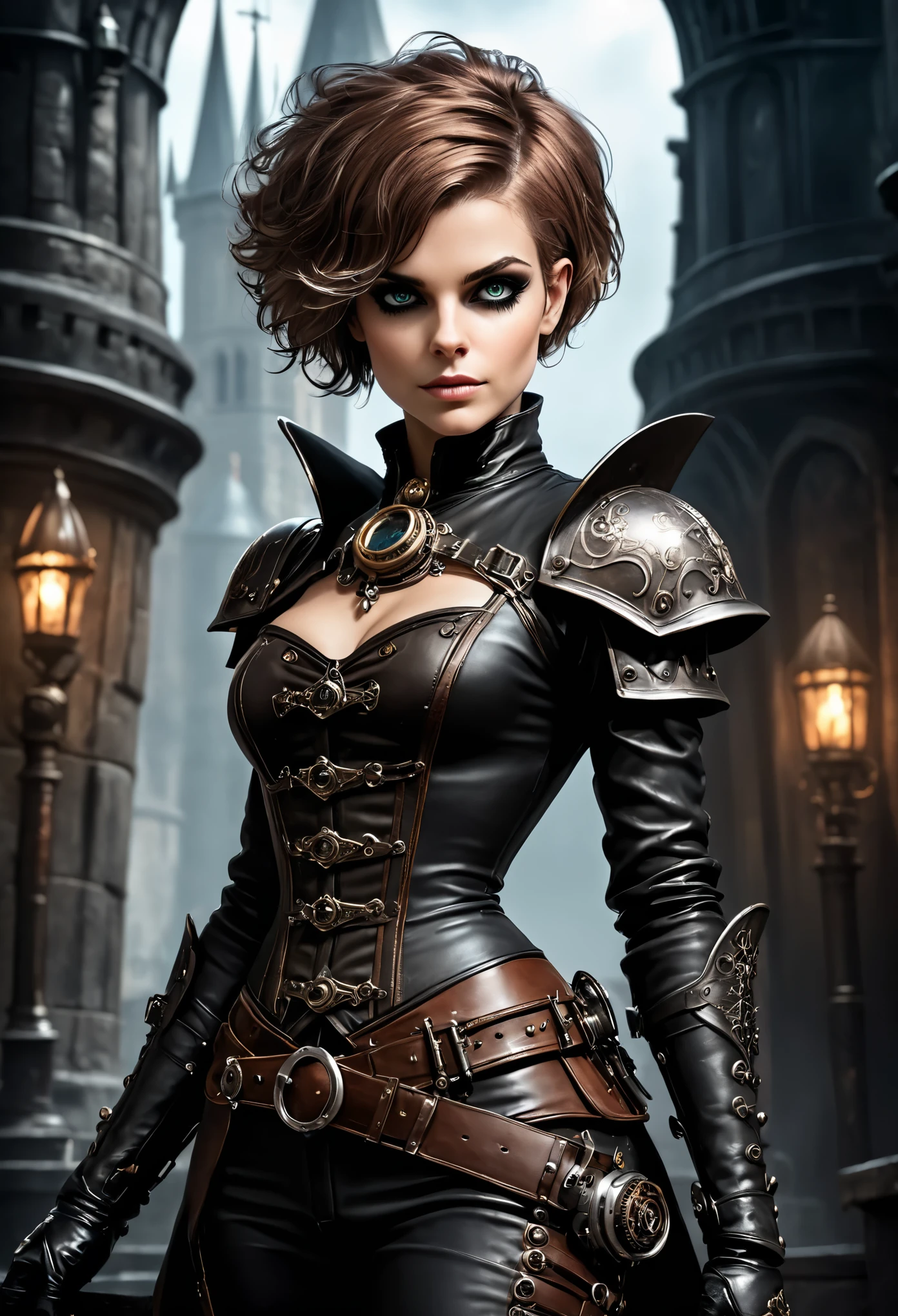 detailed dreadpunk rogue thief girl, slim body, leather armor, (smirk:1.1), (nose blush:1.1), (big grey eyes:1.1), (steampunk monocle:1.1), beautiful detailed face, messy hair, cinematic lighting, shot on canon 5d, Greg Rutkowski, Yoji Shinkawa:0.6,