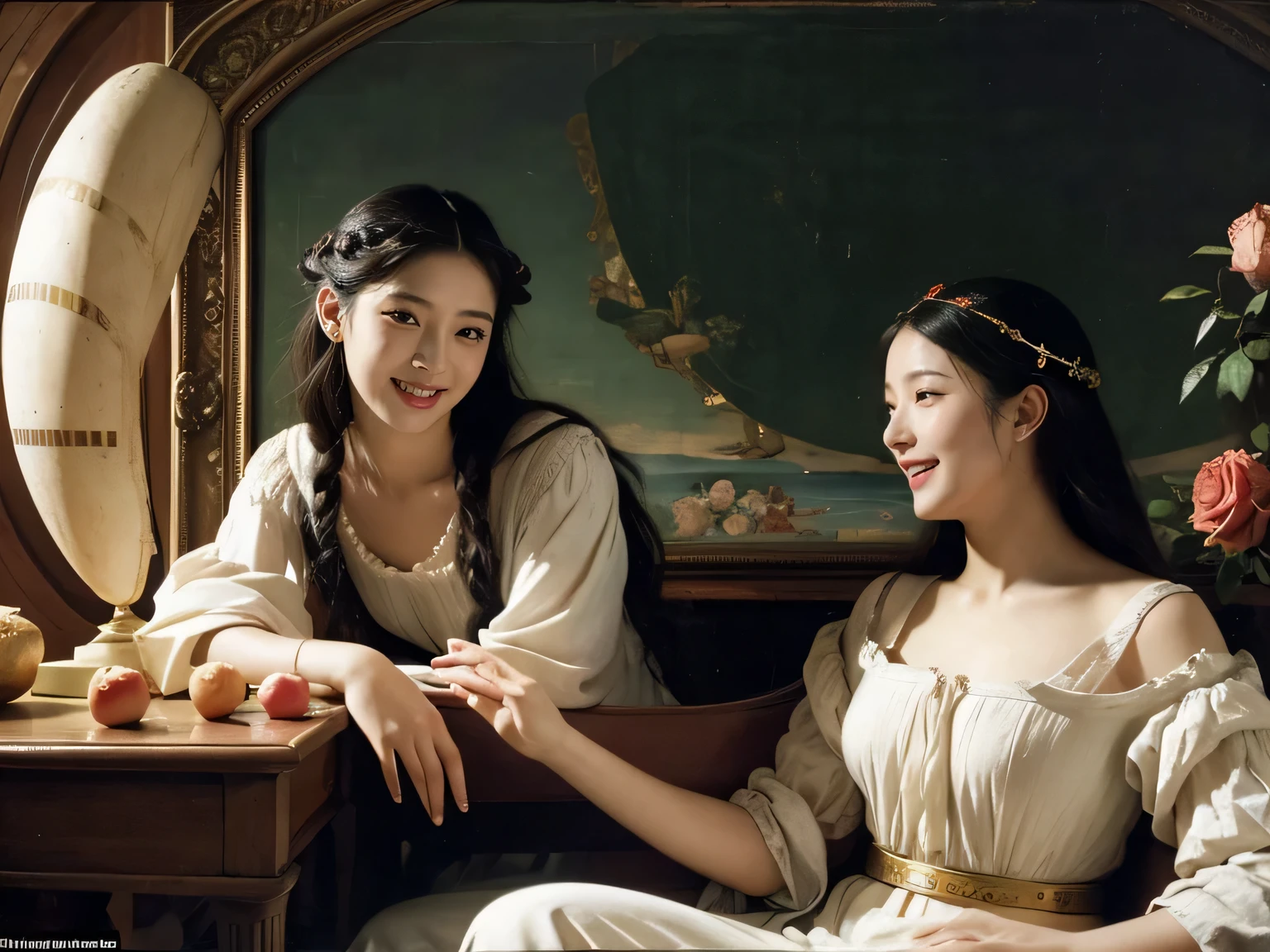 Giorgione painting style,Arguments of two female Philosophe,math、astronomical machine、astronaut、roses in vase、fruits、Cute trinkets、smile、ancient greek costume、Ancient Roman landscape in the style of Nicolas Poussin,laughter,,Sweet and seductive appearance.、Caravaggio's paintings、Chiaroscuro of Caravaggio、hair tousled by the wind,Two women frolicking,cute smile, expression of ecstasy,Sexy,erotic