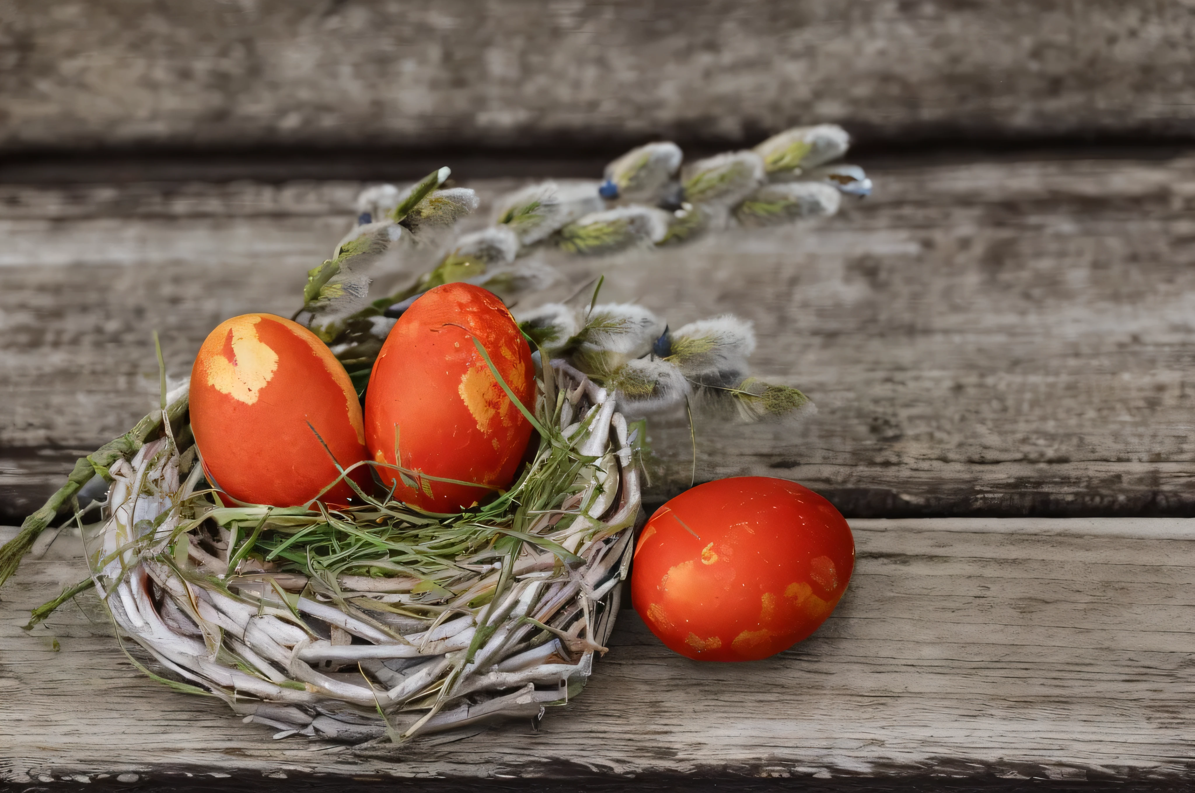 there are three eggs in a nest with willow branches and pussy, easter, by Maksimilijan Vanka, eggs, with an easter basket, rustic, colored photo, by Stefan Gierowski, stock photo, on a wooden table, holding in the hands easter eggs, istock, translucent eggs, pixabay, red and orange colored