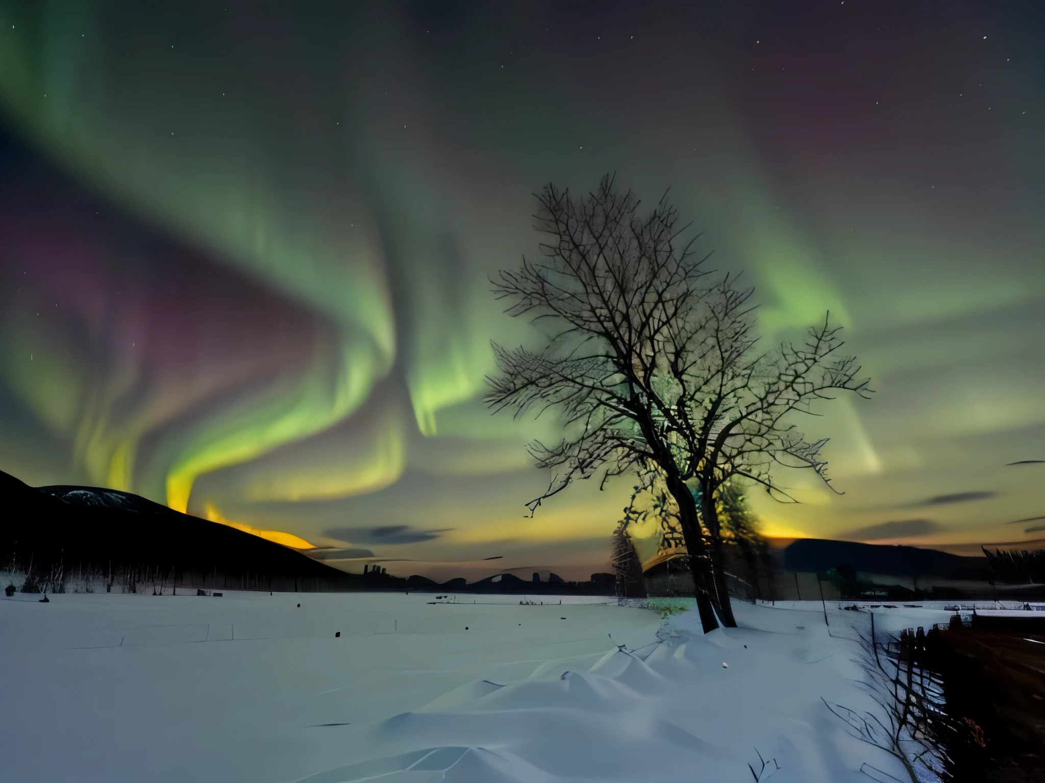 arafed tree in a snowy field with a bright green aurora behind it, aurora borealis, dramatic aurora borealis, with aurora borealis in the sky, aurora in the sky, aurora borealis on background, aurora borealis in the sky, northern lights, aurora, northern lights background, infused with aurora borealis, Mikko Ragstetter, rainbow aurora