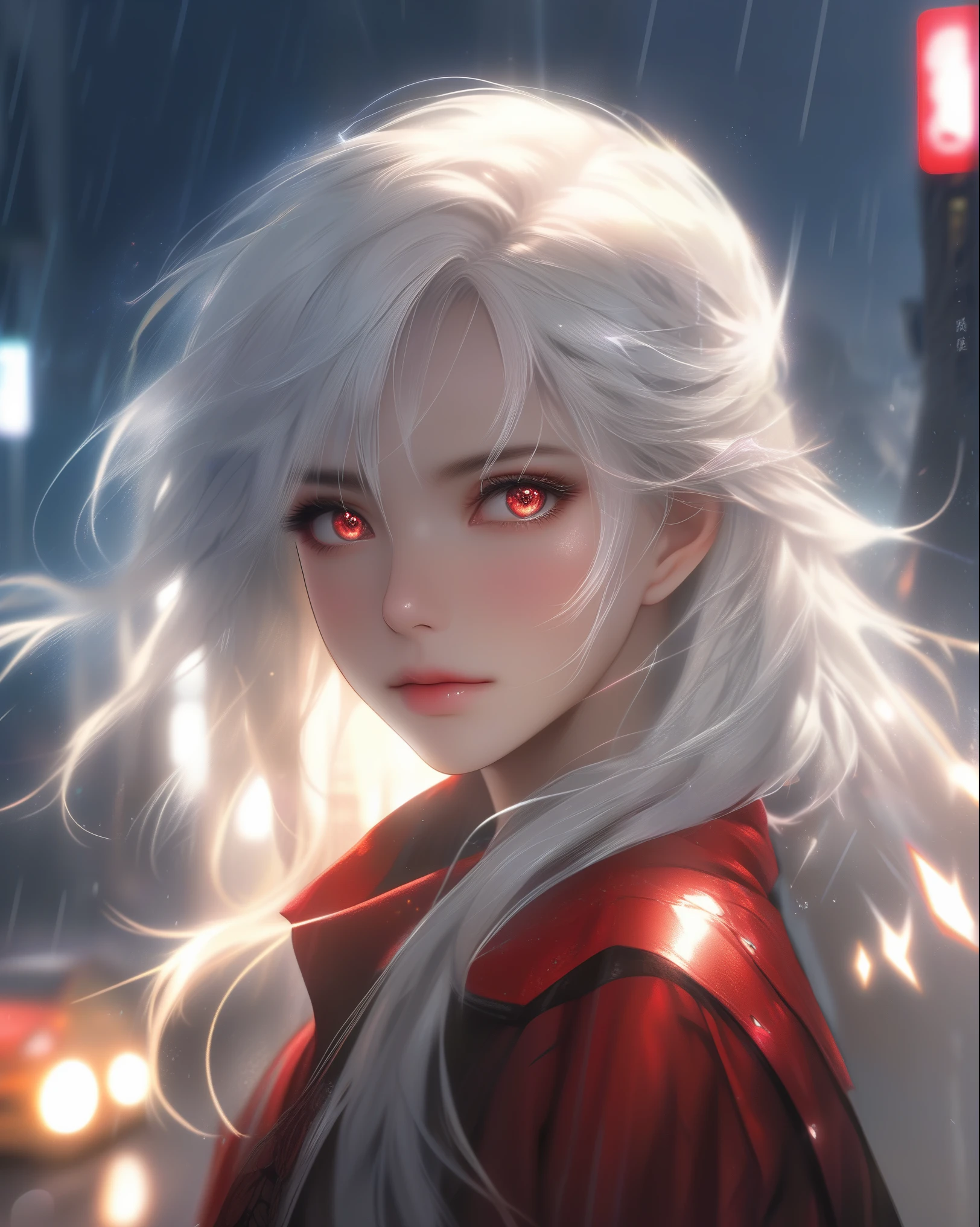 masterpiece, best quality, extremely detailed, cinematic lightning, intricate detail, highres, official art, finely detailed beautiful face and eyes, high resolution illustration, 8k, depth of field, bokeh, solo, 1girl, a girl with white hair and red eyes, long white hair, beautiful red eyes, beautiful landscape, rainy city, upper body, looking at viewer, close up