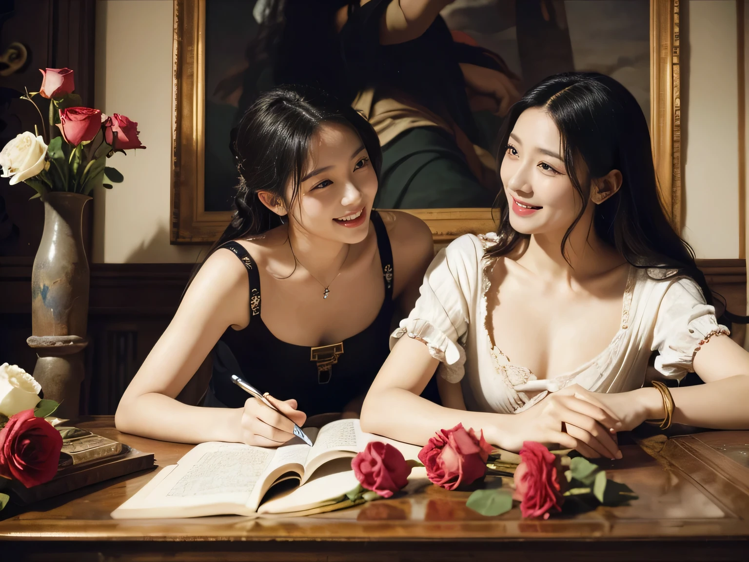 Giorgione painting style,Arguments of two female Philosophe,math、astronomical machine、astronaut、roses in vase、fruits、Cute trinkets、smile、ancient greek costume、Ancient Roman landscape in the style of Nicolas Poussin,laughter,,Sweet and seductive appearance.、Caravaggio's paintings、Chiaroscuro of Caravaggio、hair tousled by the wind,Two women frolicking,cute smile, expression of ecstasy,Sexy,erotic