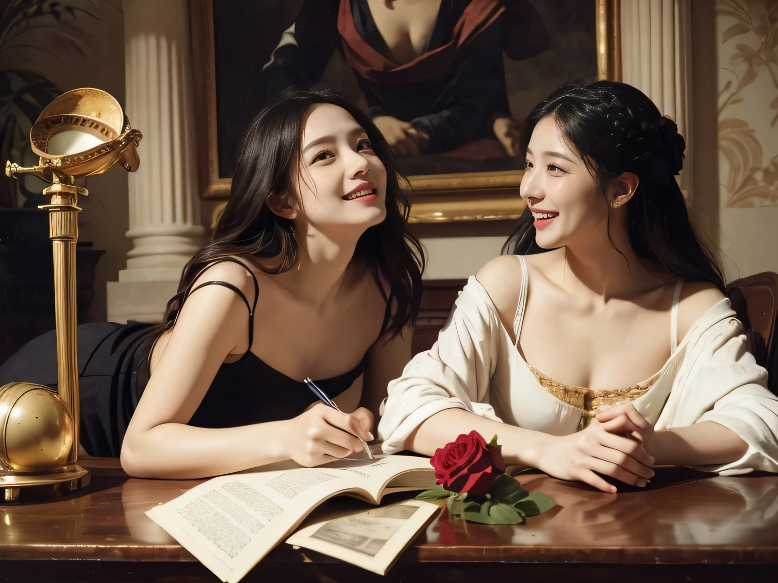 Giorgione painting style,Arguments of two female Philosophe,math、astronomical machine、astronaut、roses in vase、fruits、Cute trinkets、smile、ancient greek costume、Ancient Roman landscape in the style of Nicolas Poussin,laughter,,Sweet and seductive appearance.、Caravaggio's paintings、Chiaroscuro of Caravaggio、hair tousled by the wind,Two women frolicking,cute smile, expression of ecstasy,Sexy,erotic