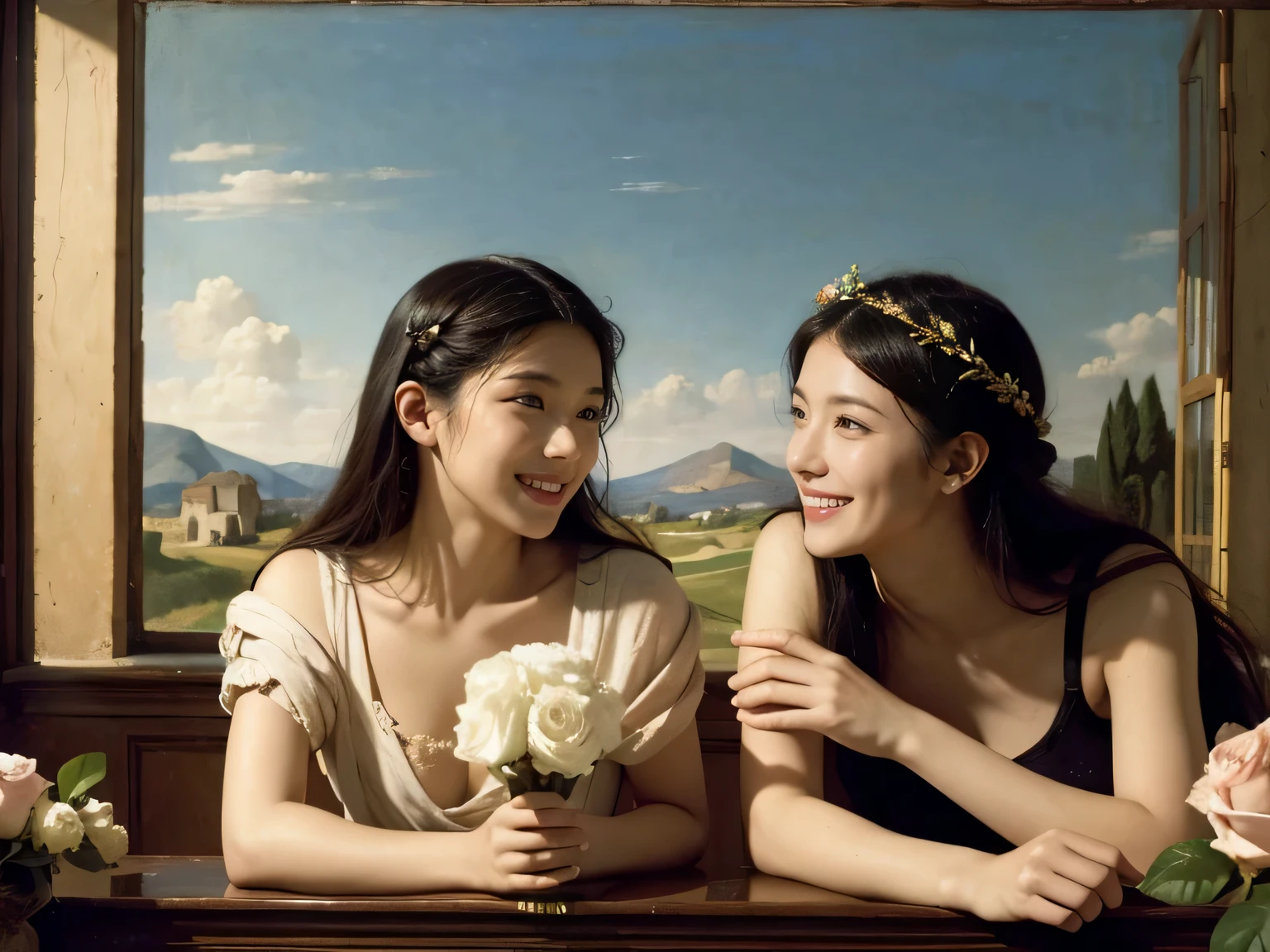 Giorgione painting style,Arguments of two female Philosophe,math、astronomical machine、astronaut、roses in vase、fruits、Cute trinkets、smile、ancient greek costume、Ancient Roman landscape in the style of Nicolas Poussin,laughter,,Sweet and seductive appearance.、Caravaggio's paintings、Chiaroscuro of Caravaggio、hair tousled by the wind,Two women frolicking,cute smile, expression of ecstasy,Sexy,erotic