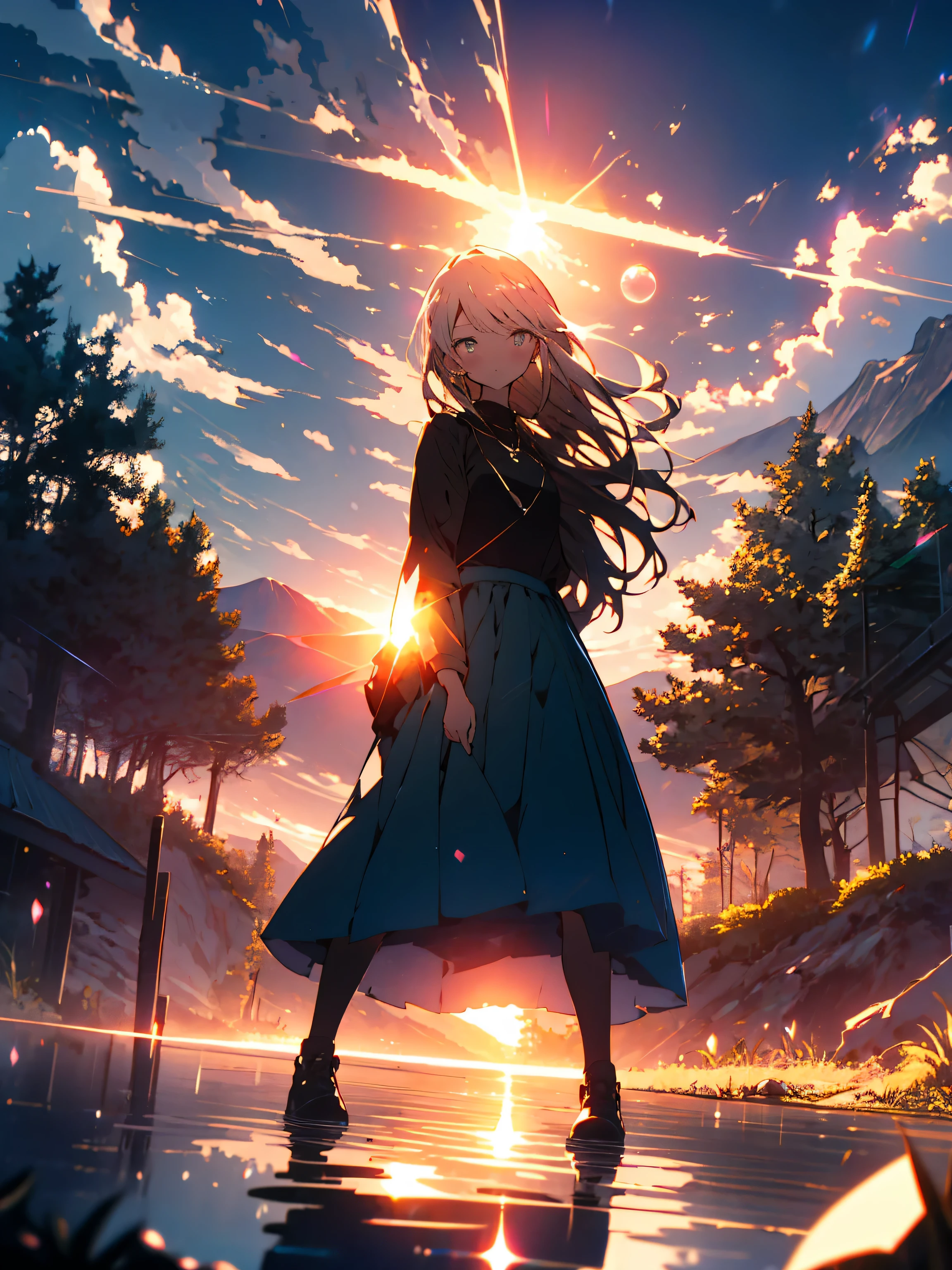 (highest quality、masterpiece、High resolution、detailed)、(Shining eyes、detailed beautiful face)、(1 girl), happy expression, charming eyes, straight long hair, flowing skirt, big, looking at the sun, calm posture, porcelain skin, subtle blush, Crystal pendant BREAK golden hour, (edge lighting): 1.2, cool colors, solar flare, soft shadow, bright colors, paint effect, Great atmosphere BREAK Beautiful lake, distant mountain々, pine tree, mountaintop, reflection, clouds illuminated by the sun, quiet atmosphere, peaceful sunrise, super detailed, official art, Integrated 8K wallpaper, tangled, mandala、(beautiful anime)