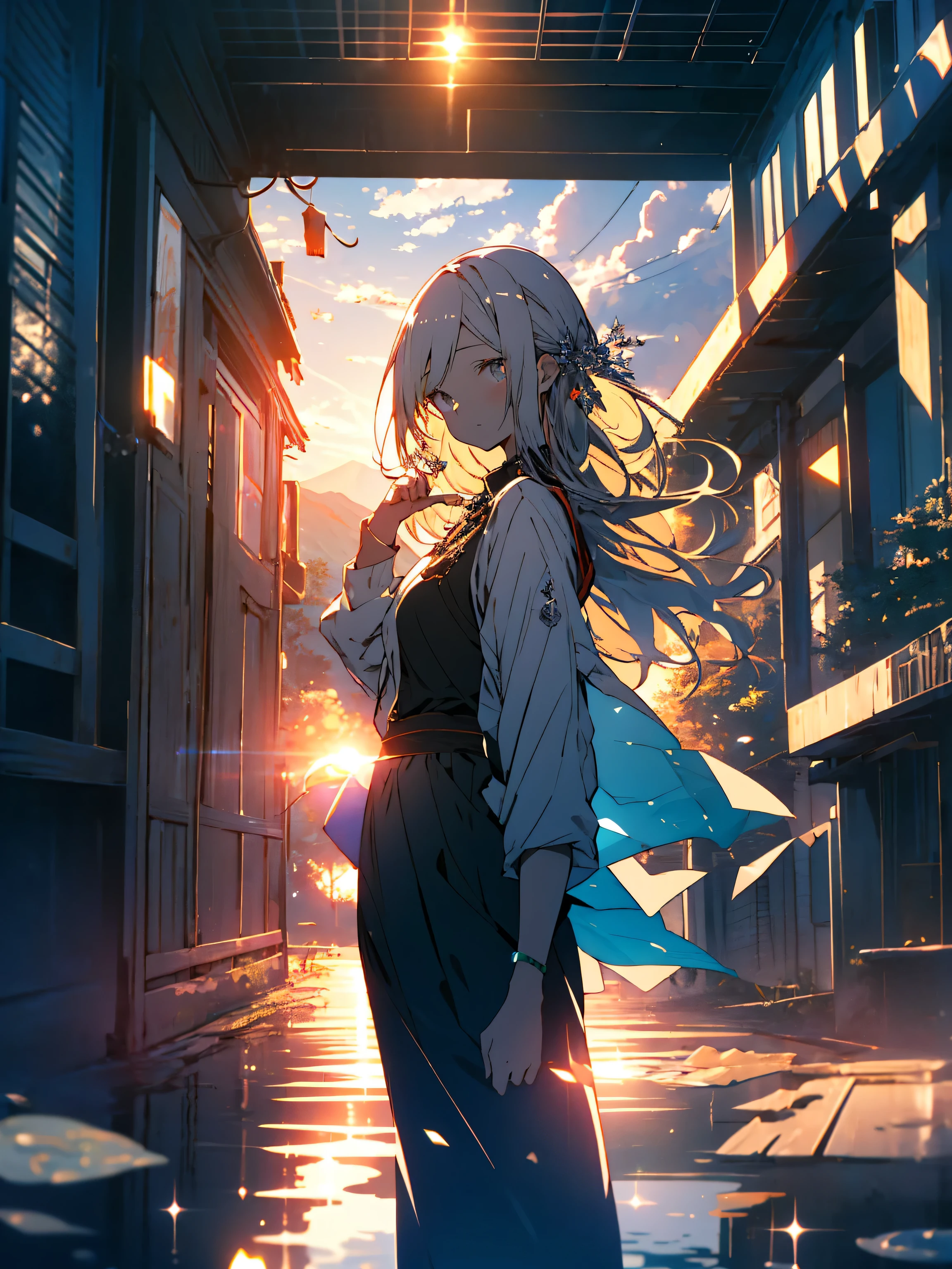 (highest quality、masterpiece、High resolution、detailed)、(Shining eyes、detailed beautiful face)、(1 girl), happy expression, charming eyes, straight long hair, flowing skirt, big, looking at the sun, calm posture, porcelain skin, subtle blush, Crystal pendant BREAK golden hour, (edge lighting): 1.2, cool colors, solar flare, soft shadow, bright colors, paint effect, Great atmosphere BREAK Beautiful lake, distant mountain々, pine tree, mountaintop, reflection, clouds illuminated by the sun, quiet atmosphere, peaceful sunrise, super detailed, official art, Integrated 8K wallpaper, tangled, mandala、(beautiful anime)