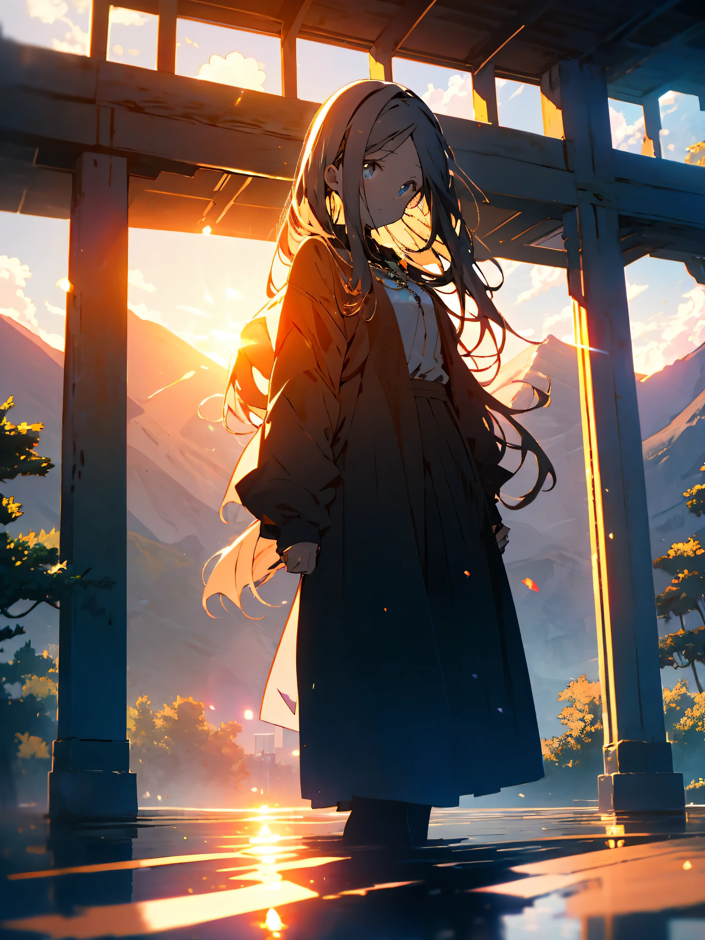 (highest quality、masterpiece、High resolution、detailed)、(Shining eyes、detailed beautiful face)、(1 girl), happy expression, charming eyes, straight long hair, flowing skirt, big, looking at the sun, calm posture, porcelain skin, subtle blush, Crystal pendant BREAK golden hour, (edge lighting): 1.2, cool colors, solar flare, soft shadow, bright colors, paint effect, Great atmosphere BREAK Beautiful lake, distant mountain々, pine tree, mountaintop, reflection, clouds illuminated by the sun, quiet atmosphere, peaceful sunrise, super detailed, official art, Integrated 8K wallpaper, tangled, mandala、(beautiful anime)