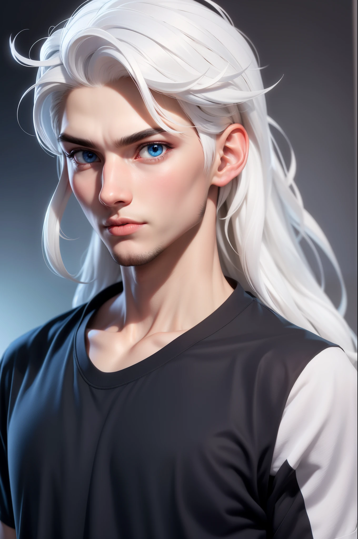 Boy, white hair, blue eyes, serious sharp features, white skin, black T-shirt, jacket