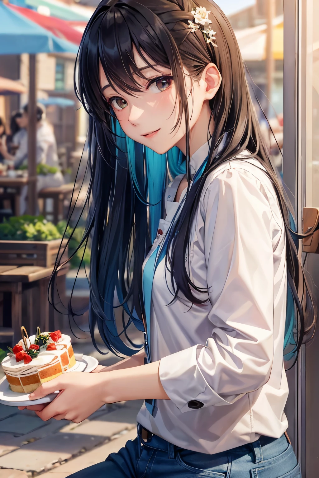 (Hoang Lap,High resolution,hyper detail,nffsw),master piece,best quality,1 girl ,beautiful and cute,black hair,small eyes and small face,white shirt,denim、Bouquet of red roses in hand、birthday cake、cafe terrace,Self snap,light smile,(teal eye)