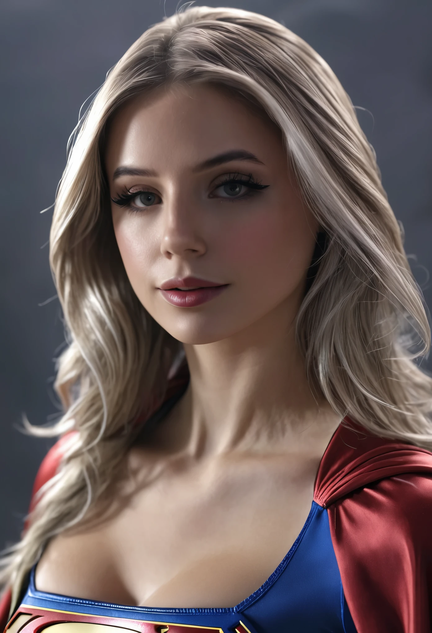 A beautiful sexy woman wearing a Supergirl cosplay outfit, detailed realistic 4k highres masterpiece:1.2, UHD