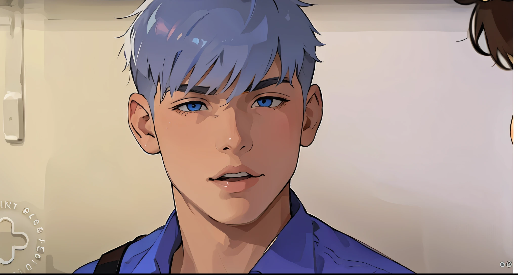 cute 16 year old boy hair color big blue eyes, cabello de color gris esta inseguro nervioso habla con miedo nerviosismo