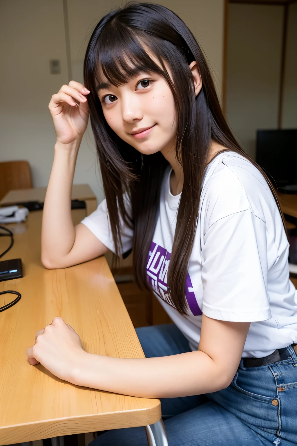 ((best quality)), ((masterpiece)), (detailed), perfect face, cute Japanese age woman, 17 y0cm tall, wearing an electrical engineering shirt with the words PowerTR on the electrical engineering shirt, hairstyle with bangs at the front and long hair at the back, soldering a PCB at the table