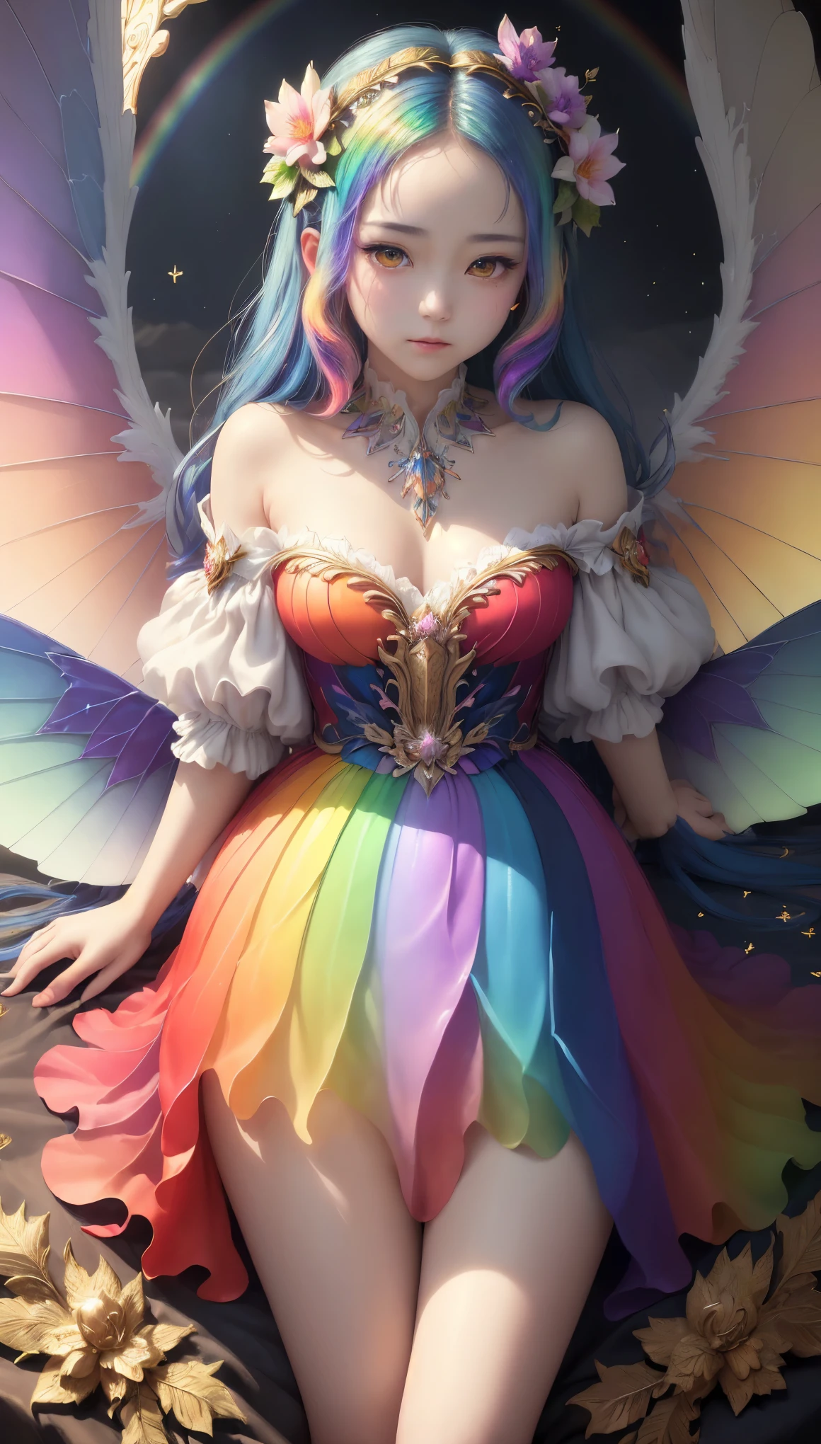 (((masterpiece))), (((best quality))), ((Super detailed)),(Highly detailed CG illustrations), ((extremely delicate and beautiful)),film light, Imitate the styles of currently popular masters of the genre，Create stunning works of fantasy art. Artworks should contain elements of mythological fantasy and fairy tale fantasy，and comes in dreamy rainbow colors. ((Use rainbow as primary color scheme.)) The character in the work is a delicate and strong character，Full of mystery and magic， (Beautiful translucent rainbow wings). Pay close attention to complex facial features,