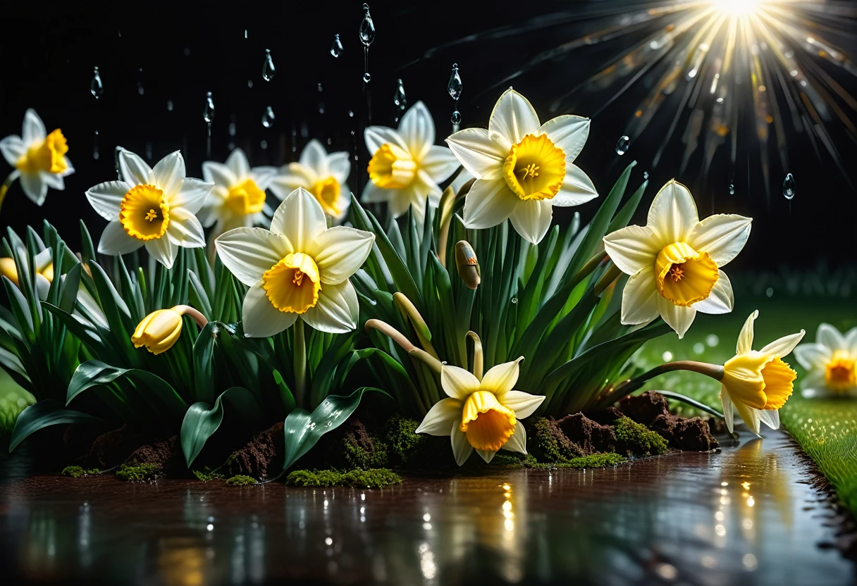 Reflective art. Springtime sun casting blinding light, Daffodils on a wet lawn under a spring reflective drip like March tears. hyperrealistic style, hyperdetailed to an extreme, 32k resolution, thoughtfully composed scene, intricate details in an insanely detailed octane render, trending visuals akin to those on ArtStation, 8k level of clarity for artistic photography, photorealistic concept artwork, engulfed in soft, volumetric, cinematic light, chiaroscuro technique reminiscent of Raphael, Caravaggio's mastery. Highest image quality, High resolution, photorealistic, Raw photo