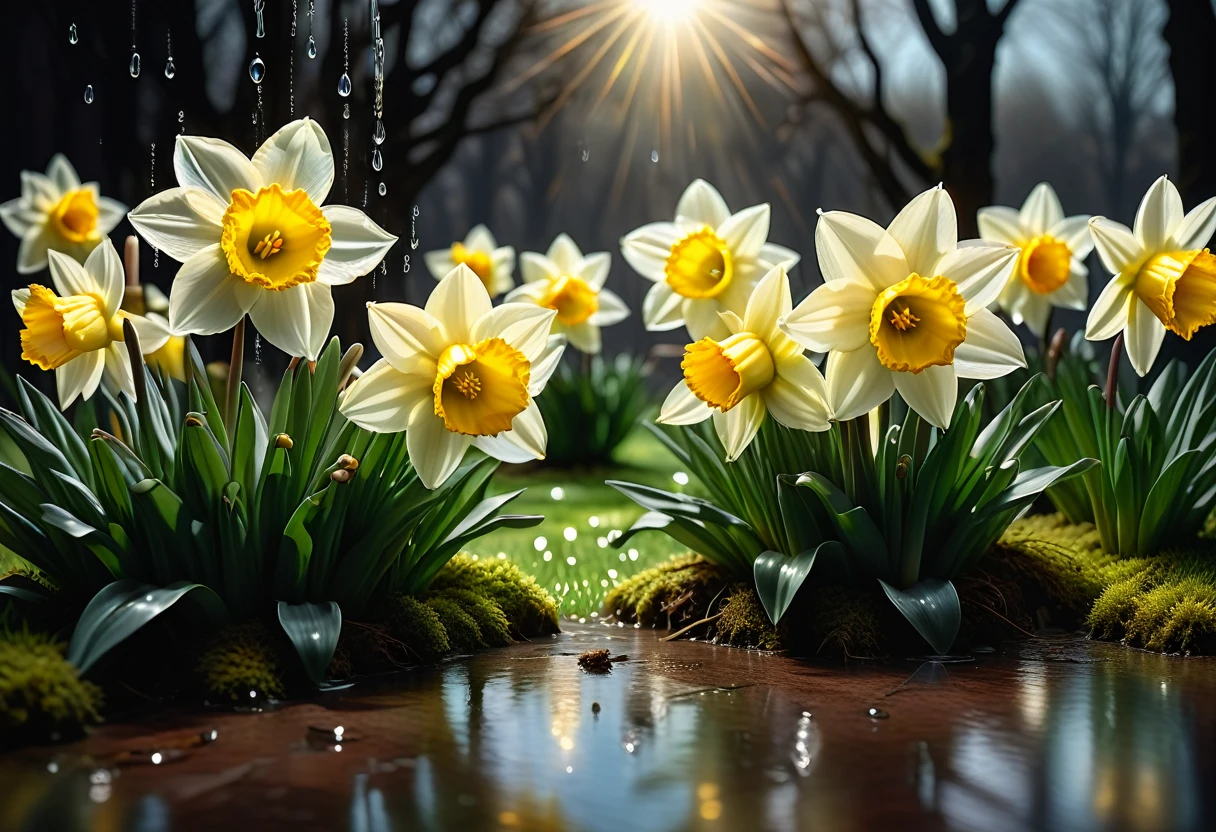 Reflective art. Springtime sun casting blinding light, Daffodils on a wet lawn under a spring reflective drip like March tears. hyperrealistic style, hyperdetailed to an extreme, 32k resolution, thoughtfully composed scene, intricate details in an insanely detailed octane render, trending visuals akin to those on ArtStation, 8k level of clarity for artistic photography, photorealistic concept artwork, engulfed in soft, volumetric, cinematic light, chiaroscuro technique reminiscent of Raphael, Caravaggio's mastery. Highest image quality, High resolution, photorealistic, Raw photo