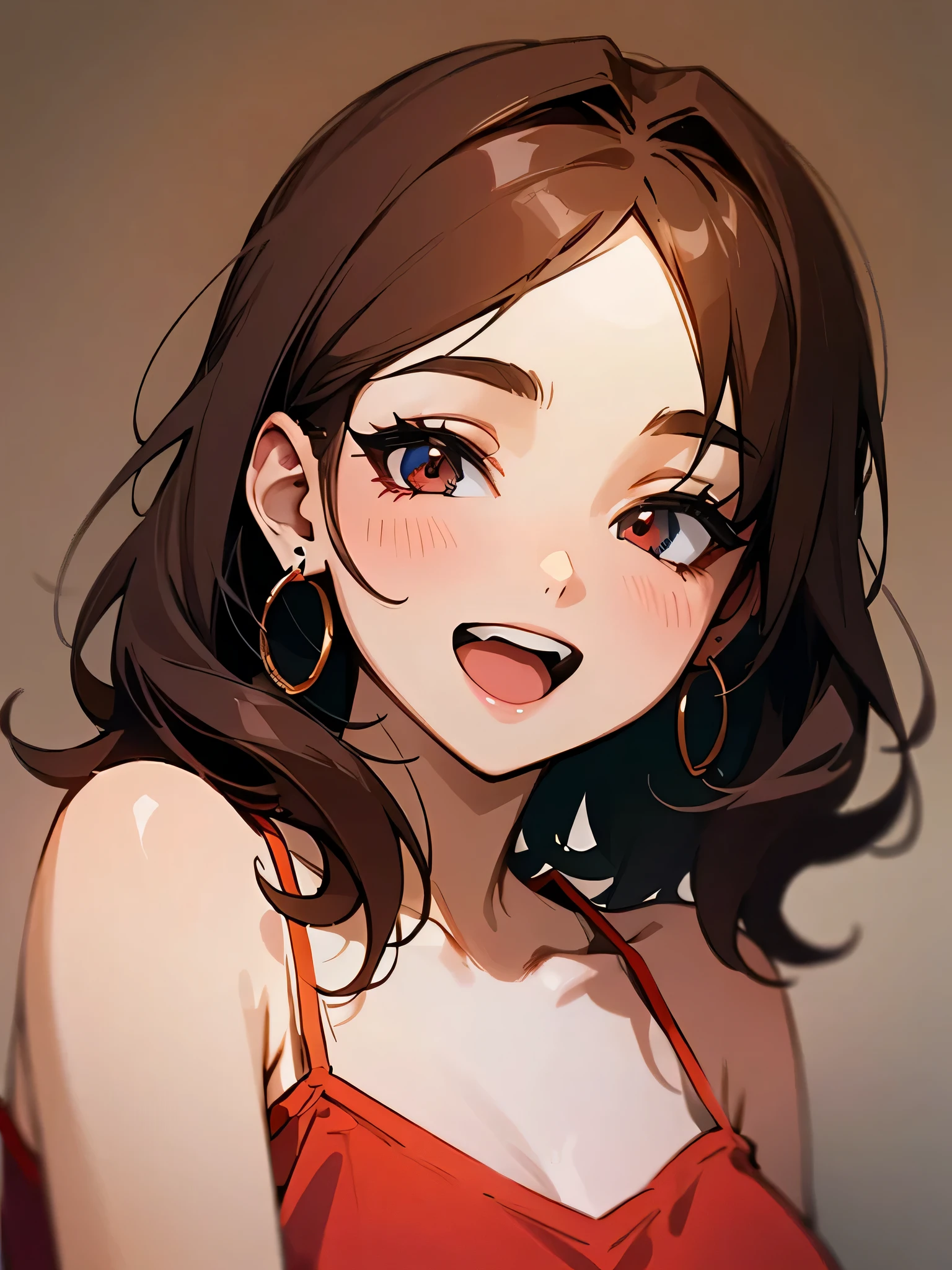 1girl ,bust up、close up, anime style, (camisole:1.4), red cloth, brown hair, small earing, eye shadow, make up, rim light, dark background, smile、place one hand near your face、open mouth,
