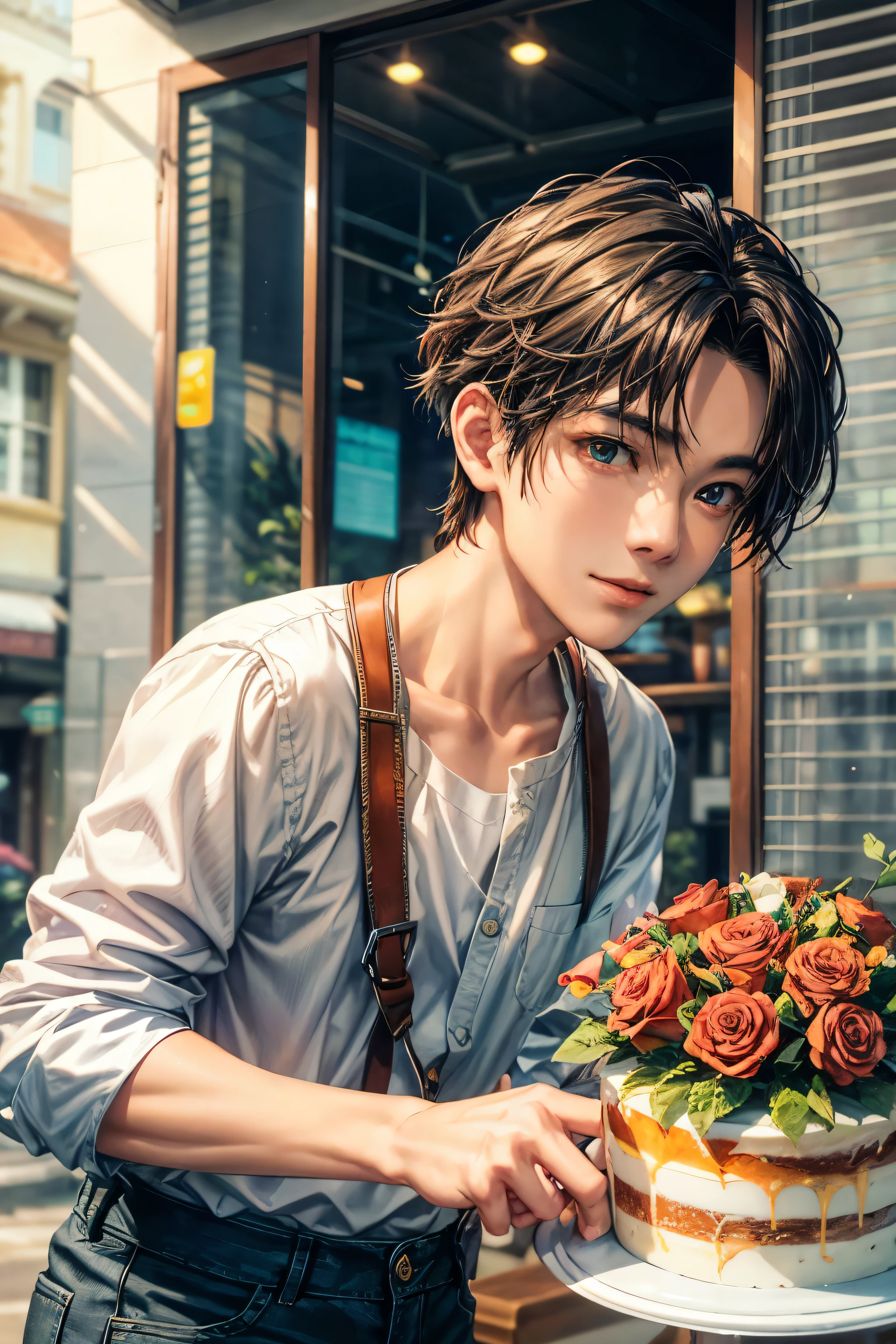 （Hoang Lap，High resolution，hyper detail，nffsw），master piece，best quality，1 boy ，good looking，black hair，small eyes and small face，white shirt，denim、Bouquet of red roses in hand、birthday cake、cafe terrace，Self snap，light smile，（teal eye）