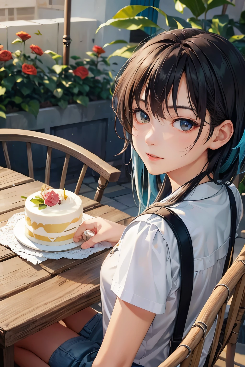 (Hoang Lap,High resolution,hyper detail,nffsw),master piece,best quality,1 girl ,beautiful and cute,black hair,small eyes and small face,white shirt,denim、Bouquet of red roses in hand、birthday cake、cafe terrace,Self snap,light smile,(teal eye)