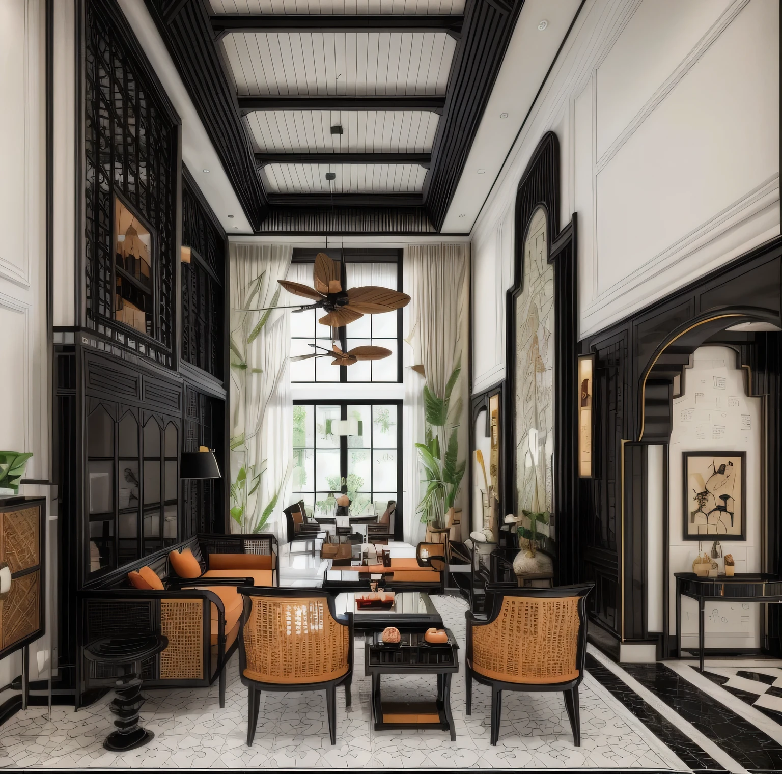 indochine living room, tile floor, ((Best quality, 8k, Masterpiece :1.3)), Sharp focus :1.2, ( indochina BLACK Wood design: 1.3), (leaf door panel:1.1), (((black painted wooden furniture:1.1))), (photo realisstic: 1.2), (hyperdetails: 1.2), oriental classical pattern wall paneling, 1 classical altar, 2 ottomans, style cabinets Indochina, orange wall, indoor, indochina pano door, (curve) (Ceiling made of rattan and plasterboard), Stylized lotus pattern, stylized lotus-themed decorative painting, glossy marble floor,Round feather carpet, tiled floor with geometric pattern with border, bedside cabinet with curling iron pattern, daylight, Unreal Engineer 8K, full HD 8K ,day lighting, glossy black wooden furniture ,vivid colour,