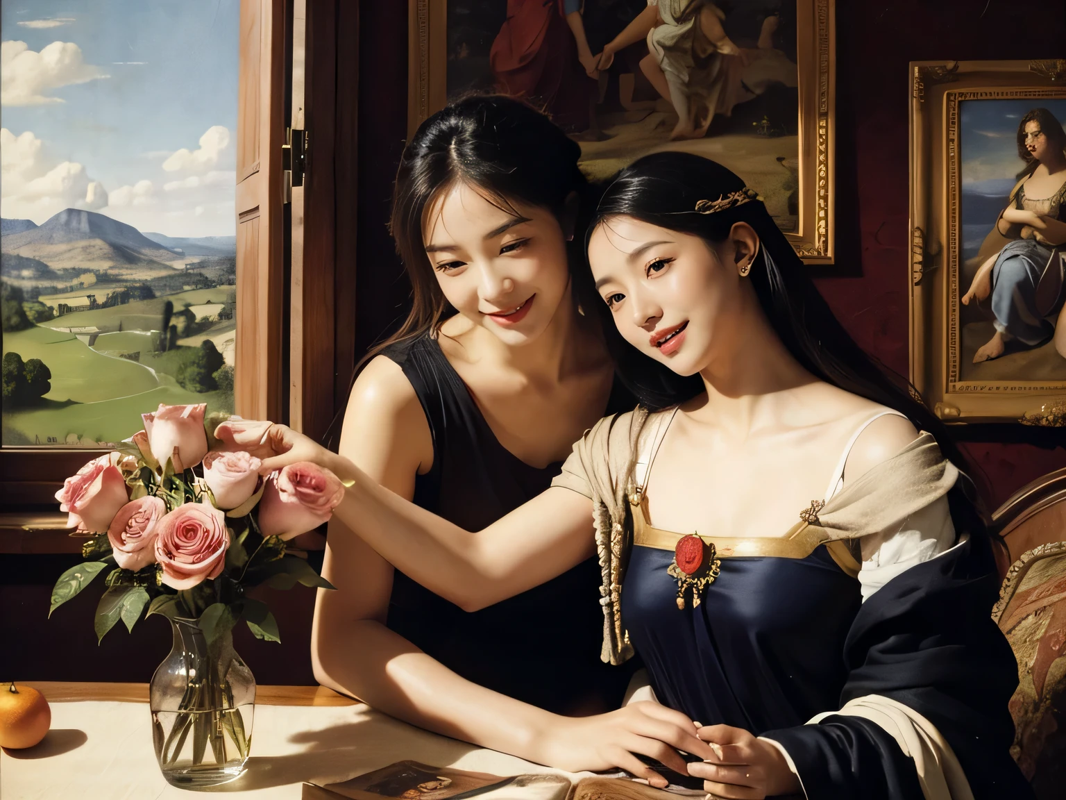 Giorgione painting style,Arguments of two female Philosophe,math、astronomical machine、astronaut、roses in vase、fruits、Cute trinkets、smile、ancient greek costume、Ancient Roman landscape in the style of Nicolas Poussin,laughter,,Sweet and seductive appearance.、Caravaggio's paintings、Chiaroscuro of Caravaggio、hair tousled by the wind,Two women frolicking,cute smile, expression of ecstasy,Sexy,erotic