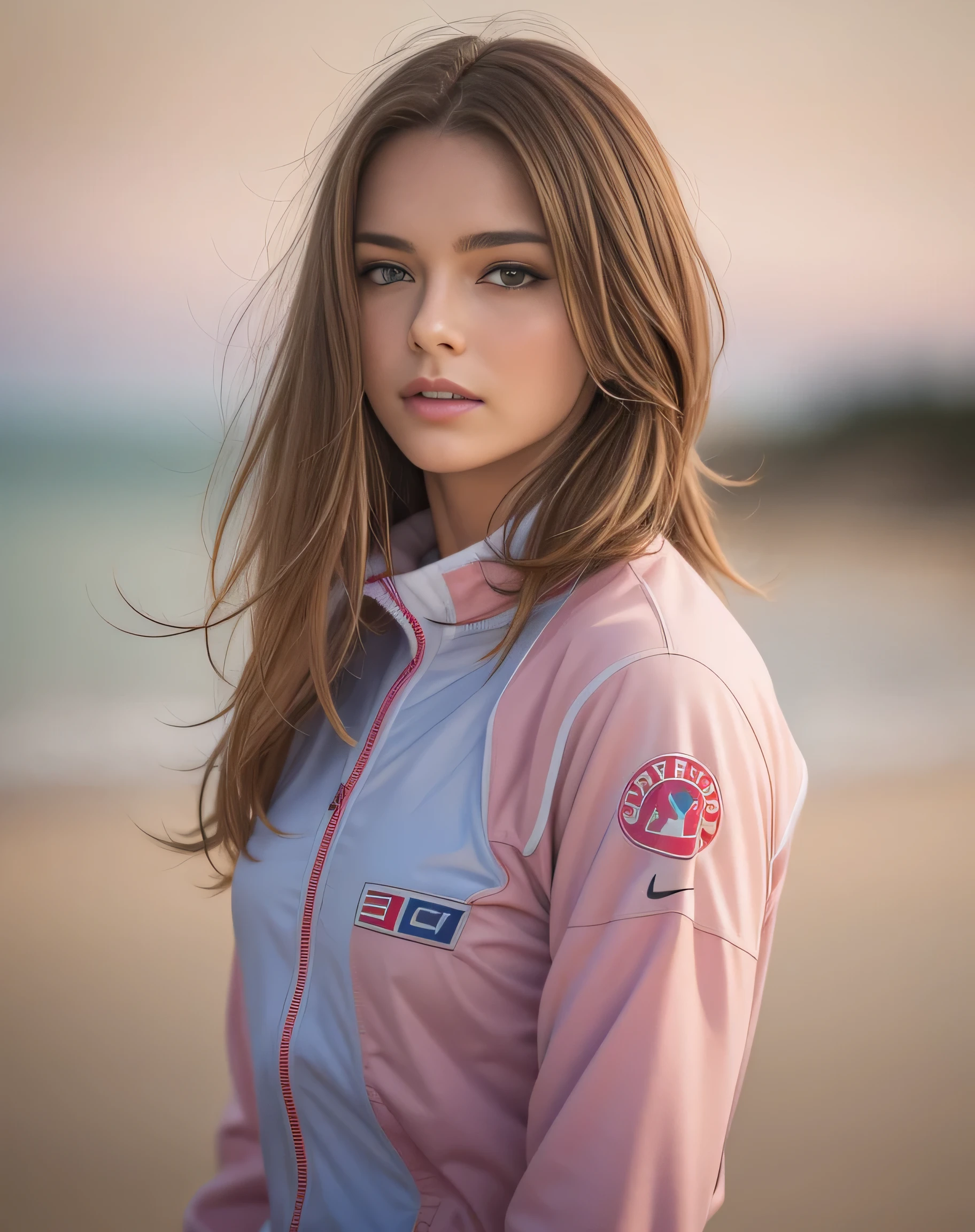 Picture of a French woman. Fit face. 22 years old, Sharp chin, photography, raw photo, masterpiece, extremely detailed photo, DSLR, photorealistic 1.4, ultra hi res, best quality, full body shot, tall, toned, busty, brown hair, shoulder length hair, pink lips, blue eyes, pale skin, (beach volley uniform)