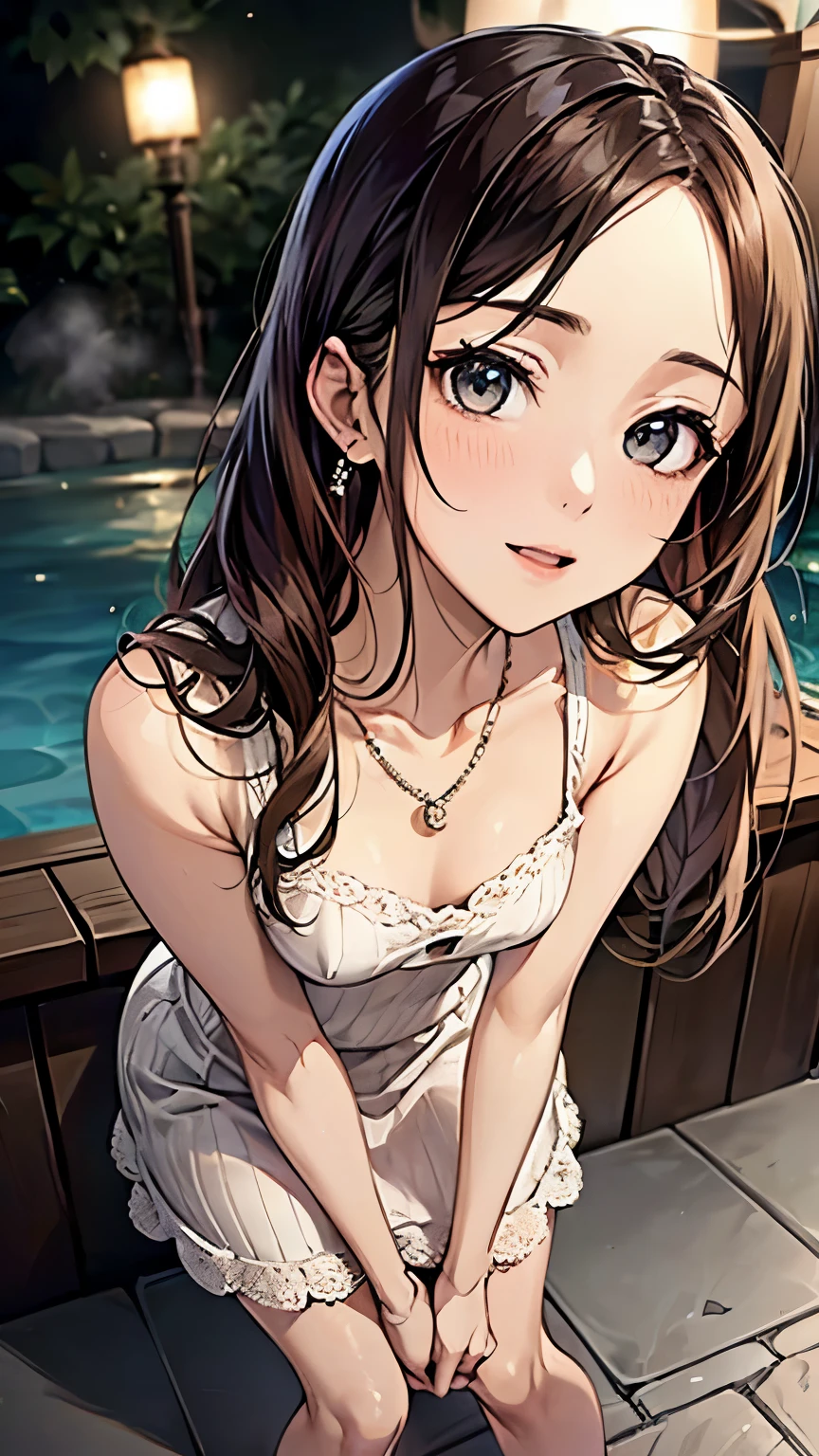 ((Biologically correct number of limbs))、(( Full body photo including face))、4K、((standing position))、masterpiece、((focus on the face))、((Symmetrical facial features))、Eyes of minute description、Beautiful woman、outstanding style、beautiful clavicle、beautiful legs、beautiful hands、slender body、(small ass、thin thighs)、(Striped stockings、high heels)、Detailed depiction of faces、small earrings、necklace、(knit dress)、close up of face、turn one's face upward、sideways glance、Hot spring at night、Super dense fog、