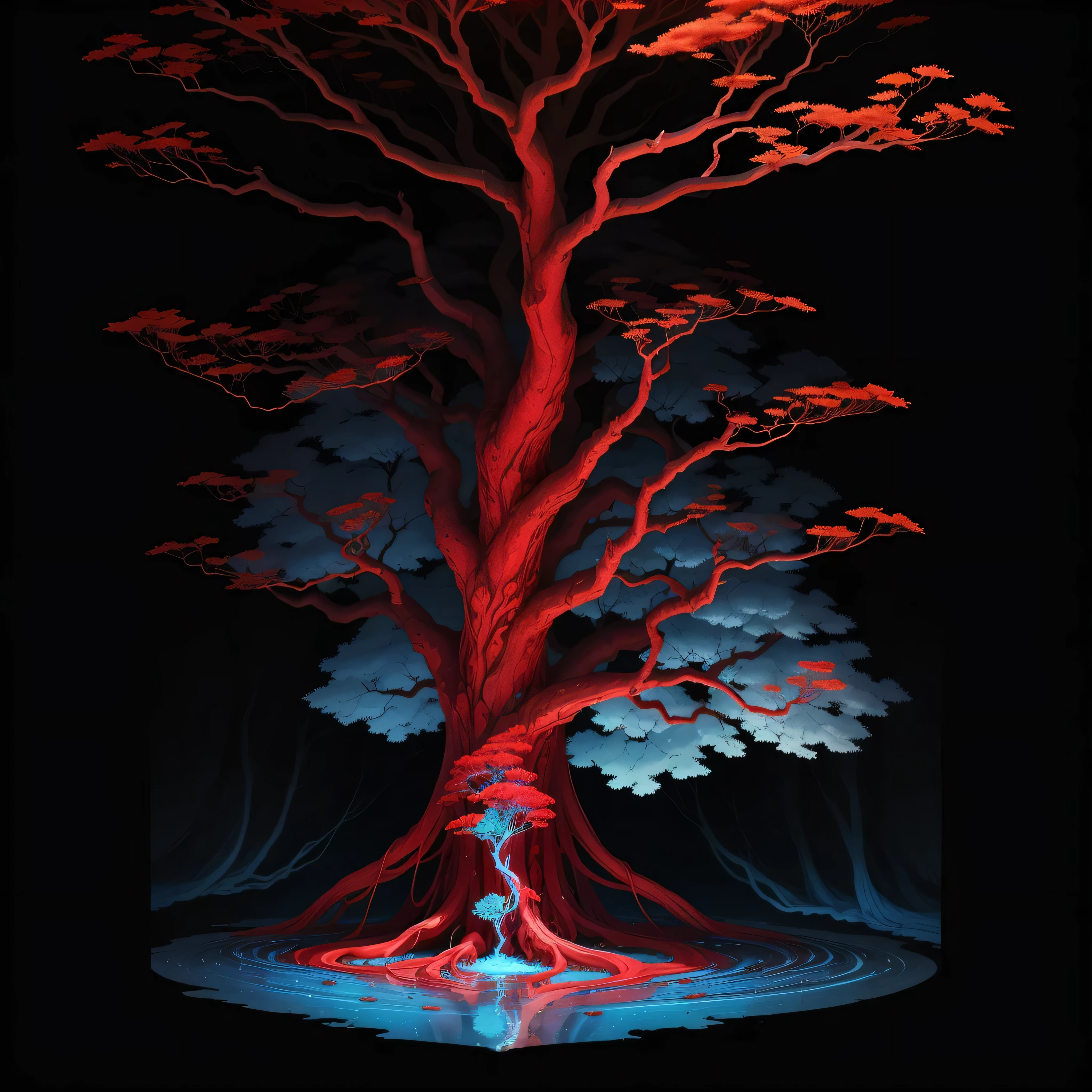 "A stunning red blood tree with mesmerizing blue liquid cascading down its delicate leaves, creating a magical spectacle on Earth."