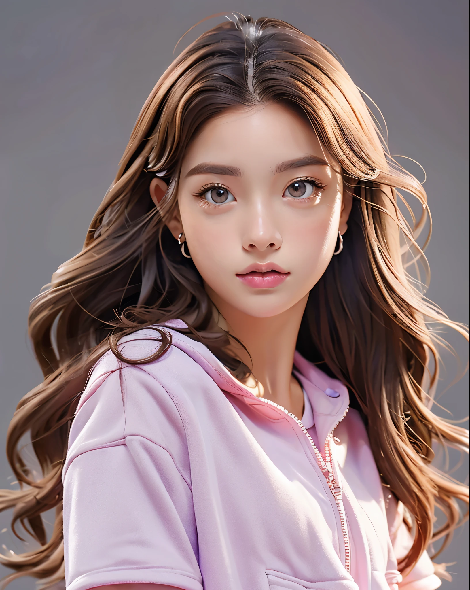 Girl, long brown hair, gray eyes, sharp features, white skin, pink lips, soft and thin, purple t-shirt, jacket