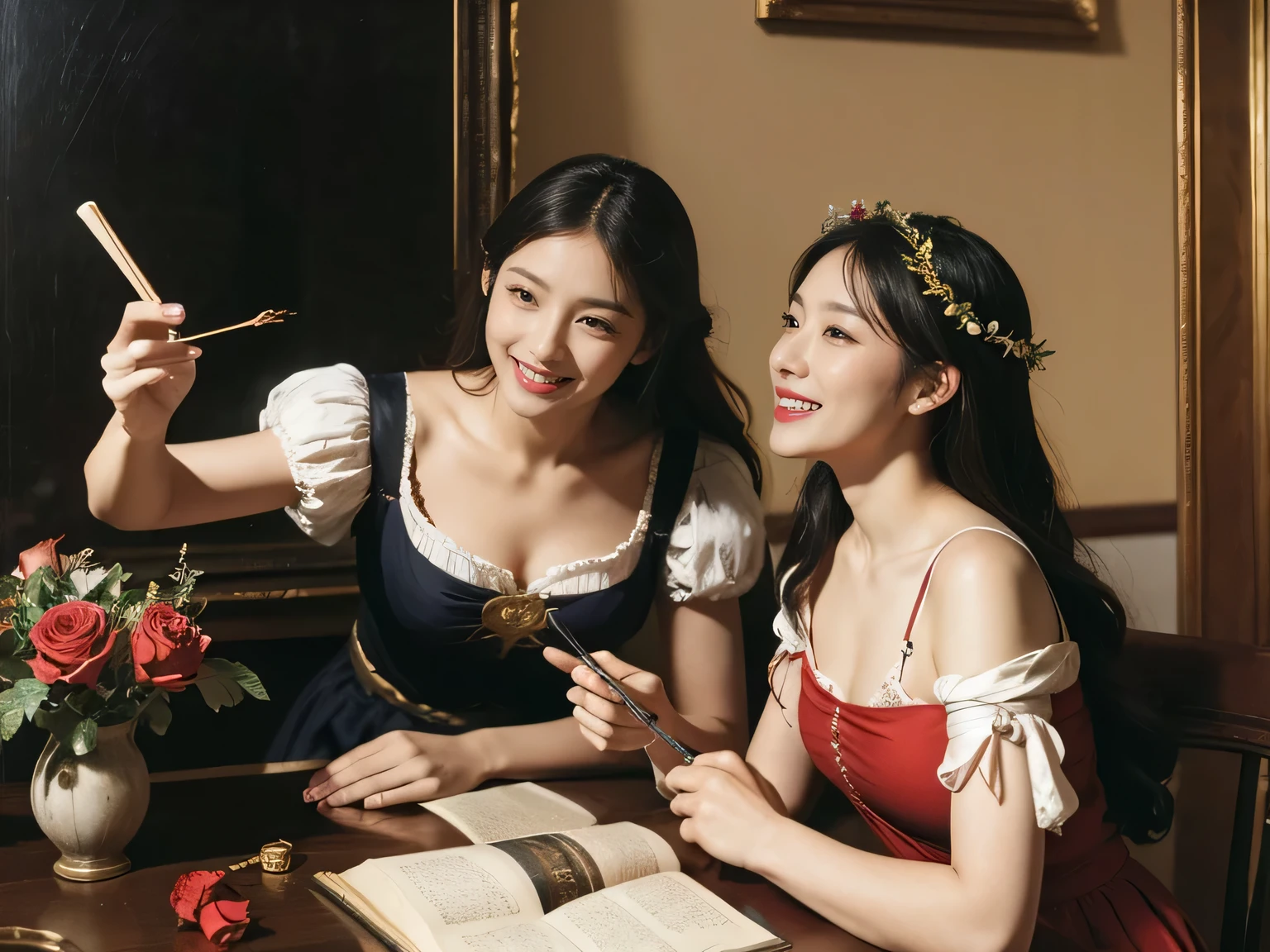 Giorgione painting style,Arguments of two female Philosophe,math、astronomical machine、astronaut、roses in vase、fruits、Cute trinkets、smile、ancient greek costume、Ancient Roman landscape in the style of Nicolas Poussin,laughter,,Sweet and seductive appearance.、Caravaggio's paintings、Chiaroscuro of Caravaggio、hair tousled by the wind,Two women frolicking,cute smile, expression of ecstasy,Sexy,erotic