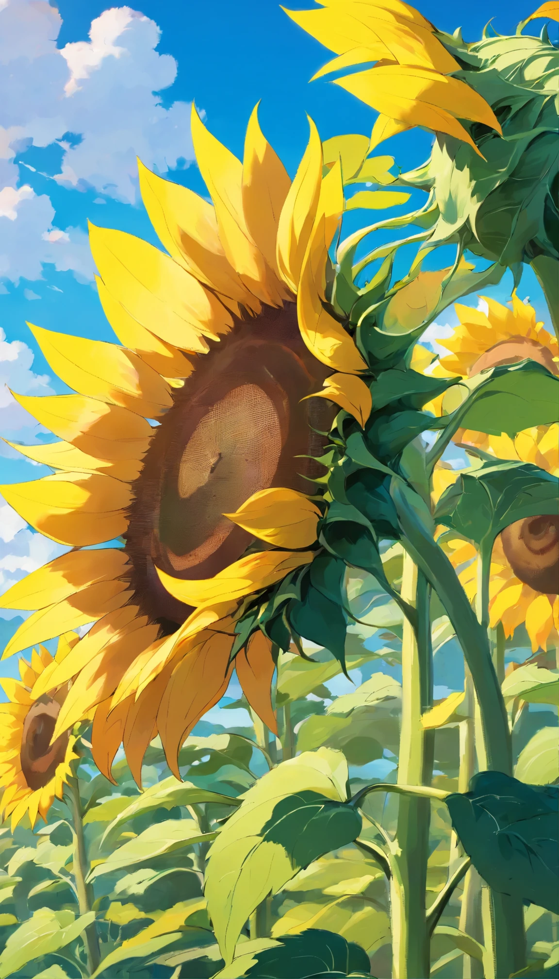 Under the beautiful midday sun,Create a high-resolution image of a sunflower, side view,close up, high details, high quality, super detail, UHD, masterpiece, ccurate, best quality, 16k