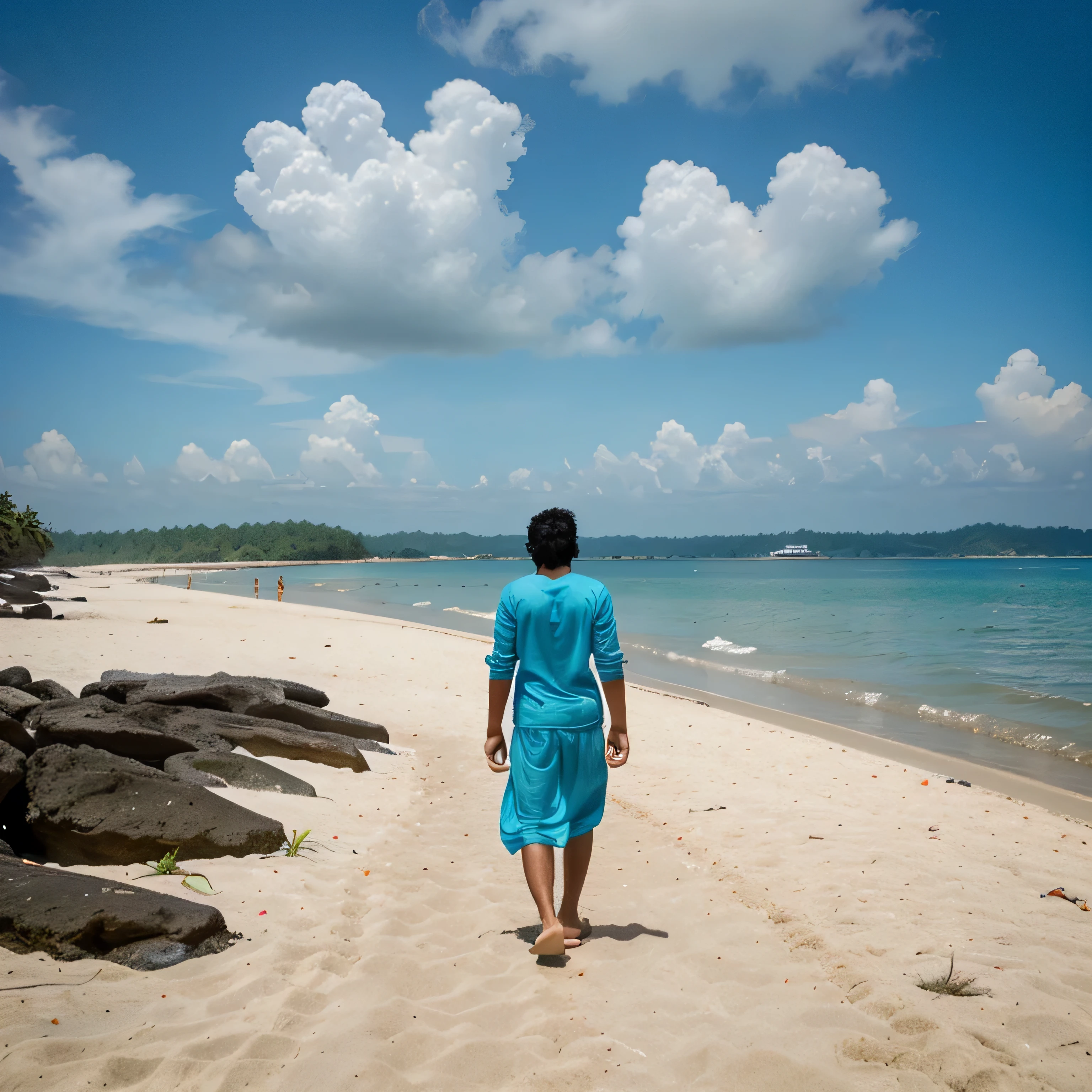 Back view, 6 feet Indian boy, beach attire, funky clothes, clear blue sky, walking across the beach, Andaman Islands