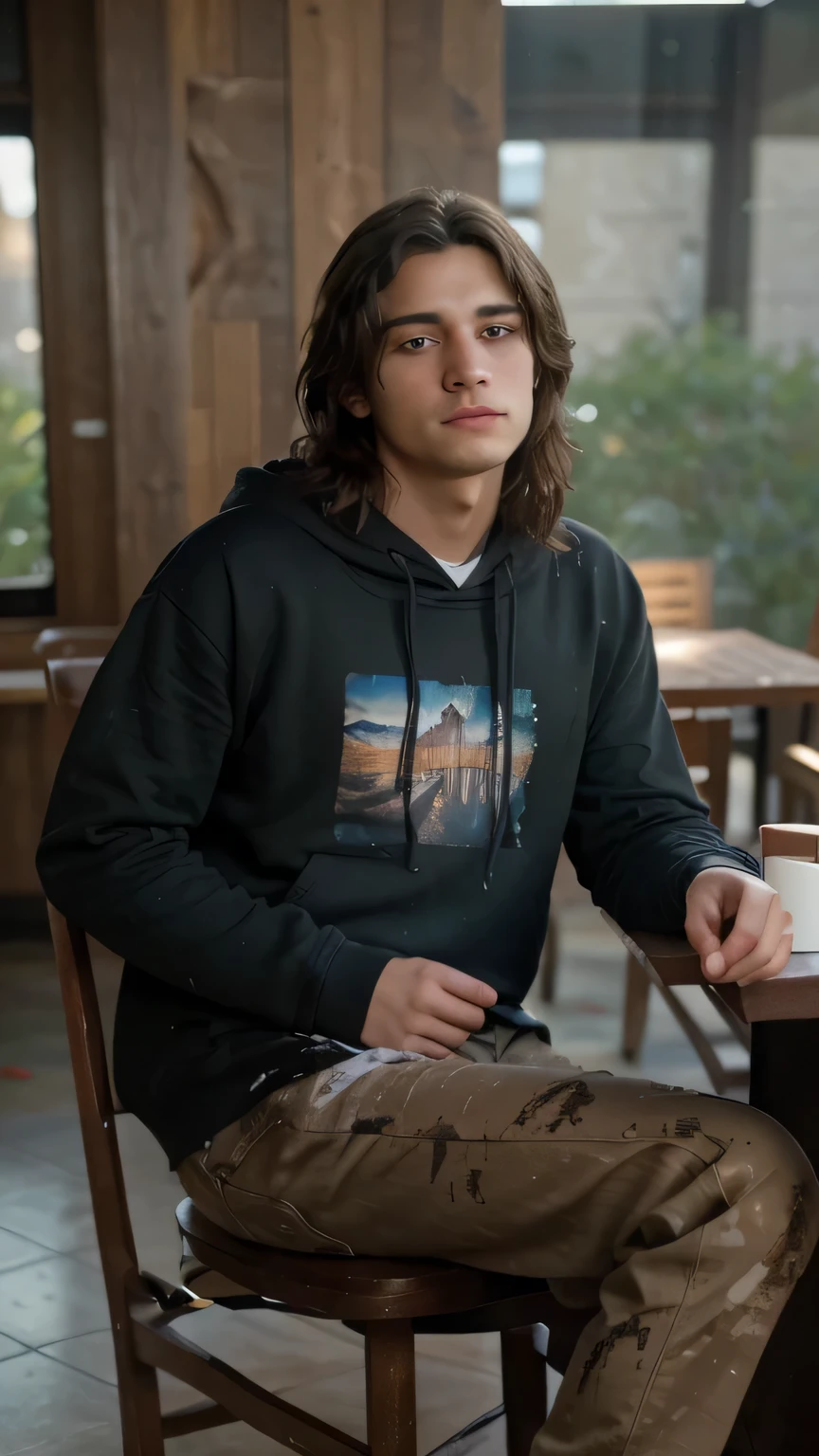 (8k, RAW photo, best quality, masterpiece:1.2), (realistic, photo-realistic:1.37), ultra-detailed, masterpiece HDR high quality Picture a young boy, , handsome man, long black messy hair, sharp eyes, blue hoodie, sitting in the coffee shop, expressing a sense of perplexity and curiosity, with a touch of humor, creating a warm and relaxed atmosphere, captured in high resolution (best quality, 4k), with ultra-detailed features, realistic colors, and a touch of bokeh, reminiscent of a candid snapshot