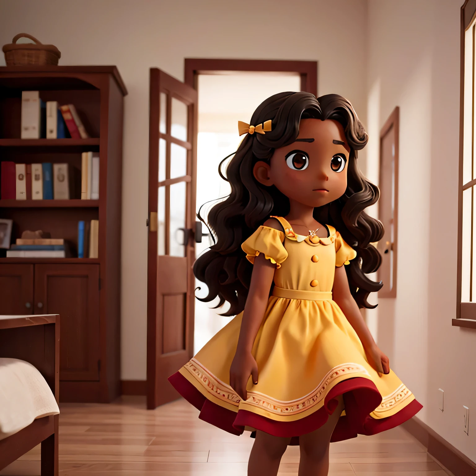 10 year old  with dark skin, big wavy hair in dress