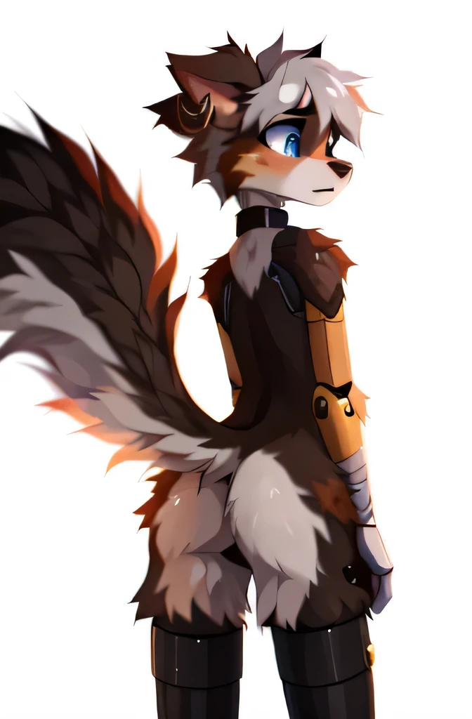 Beautiful illustration, detailed, 8k, white background, ((by reysi)), Furry, solo, full body, ((Australian Shepard)), white hair, (()), ((male)), ((slender)), (sad eyes, scared expression, sad, tears, ear ring, choker, bandages), (((looking back over shoulder, eyes looking down at butt, behind view))), ((robot legs, cybernetic legs, fluffy tail)), erotic, nude,